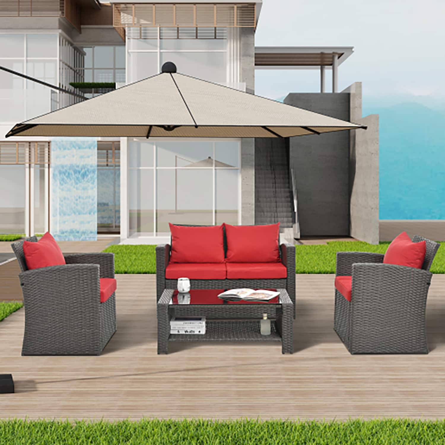 GZMR GM-DH-00009 4 -Piece Rattan 2 Patio Sofa Conversation Set with Red Cushions