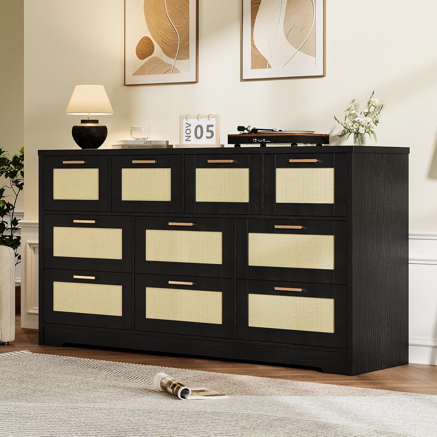 Der Rose ML-PHK-34KNN4WU Rattan Dresser with 10 Drawers Large Boho Chest Gold Handles Wide Storage Organizer for Bedroom Living Room Hallway Natural Finish Mid Century Style Durable MDF Easy Assembly Black