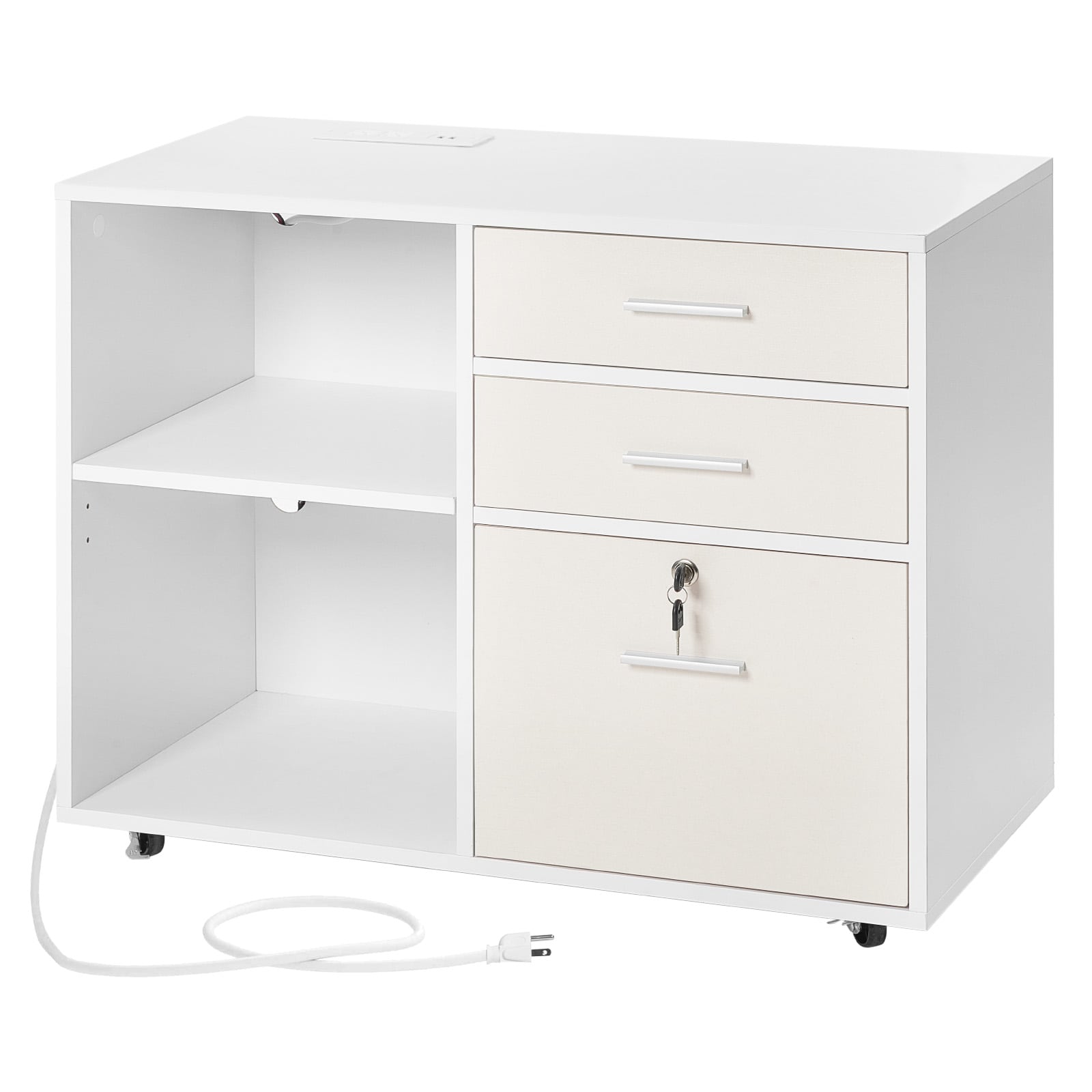 GIVIMO 3-Drawer Wooden Rolling File Cabinet with LED Light Strip and 5 Wheels 100-lb Capacity Lockable Mobile Filing Storage with Adjustable Shelves and Printer Stand for Home Office