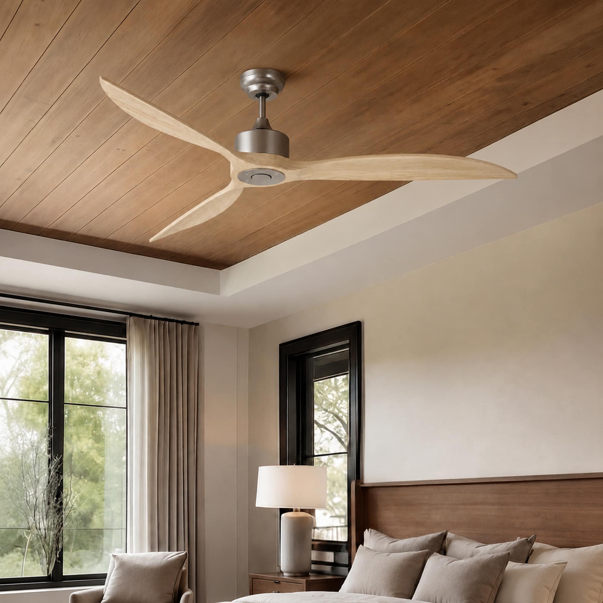 GreenEver 65 Inch Natural Wood Grain Ceiling Fan No Light with Remote Control Solid Wood Blades Energy Efficient Quiet Reversible DC Motor by GRANDJOY