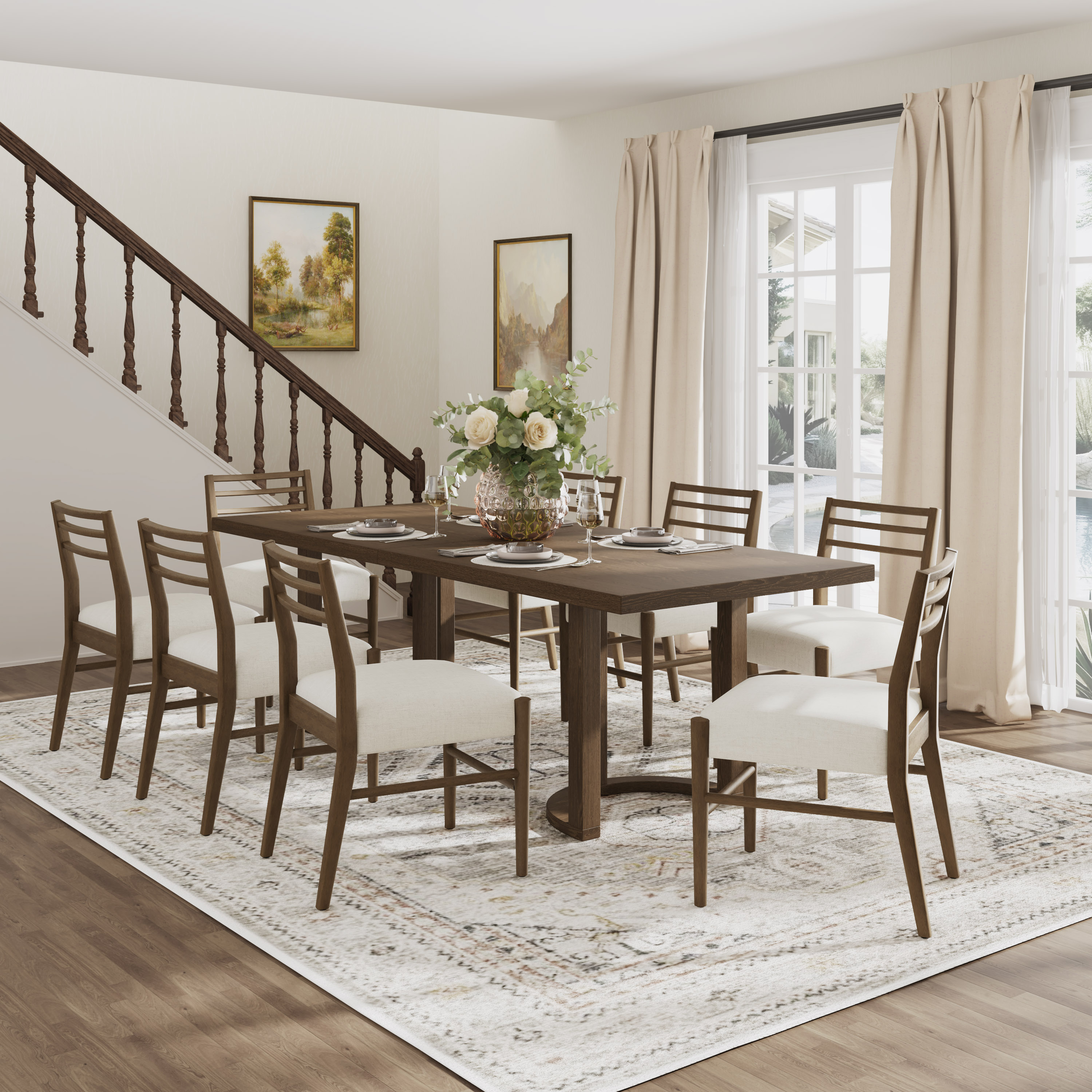 Christopher Knight Home - Farmhouse Wood 95 Inch 9 Piece Dining Set with Ladder Back Upholstered ...