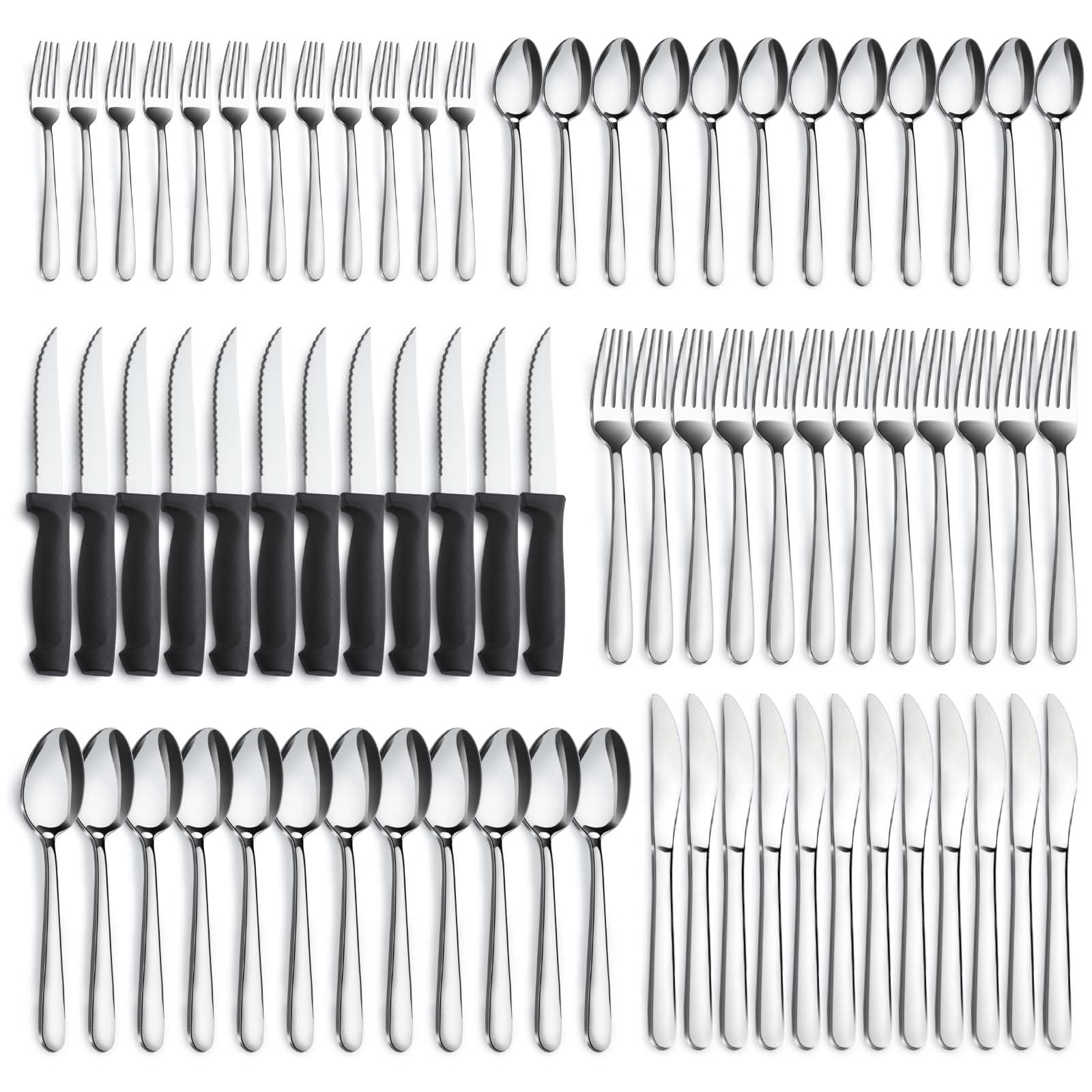 Anqtovp  72 Piece Set Stainless Steel Silverware for 12 with Steak Knives Forks Spoons and Dinner Knives Dishwasher Safe for Home Restaurant