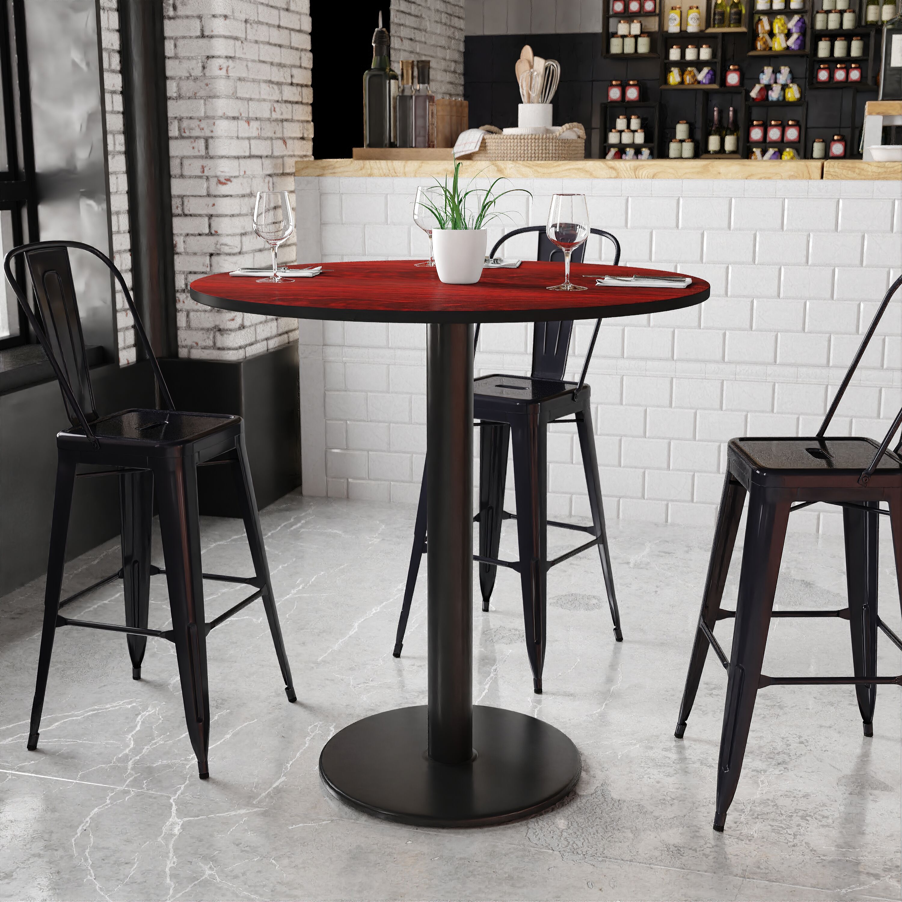 Flash Furniture 889142008125 Mahogany Round Contemporary/Modern Bar Table, Wood veneer with Black Metal Pedestal Base 42-Inches L x 43.13-Inches H
