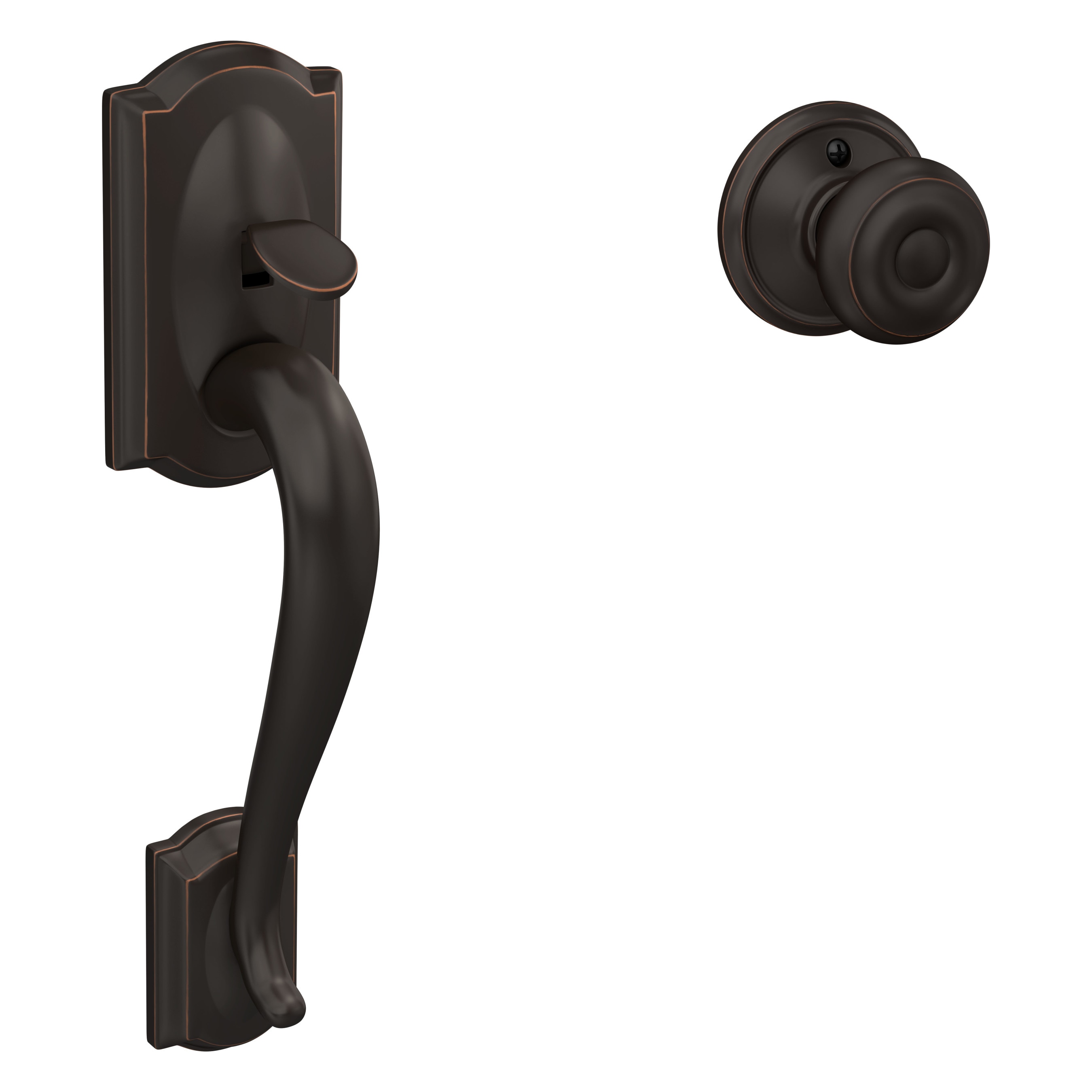 Schlage FE285 CAM 716 GEO Camelot-Georgian Aged Bronze Entry door handleset with Knob