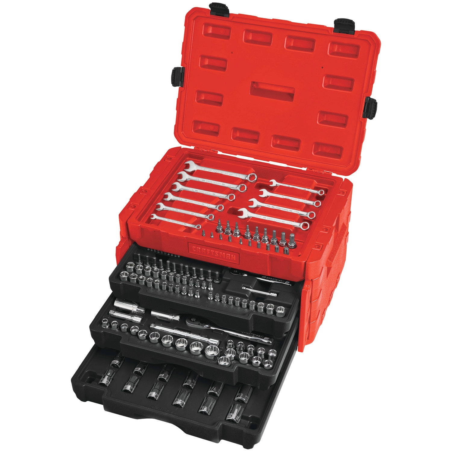 CRAFTSMAN Portable 20.5-in Ball-bearing 3-Drawer Red Steel Lockable Tool  Box & 11-Piece Standard (SAE) Polished Chrome Mechanics Tool Set (1/4-in)