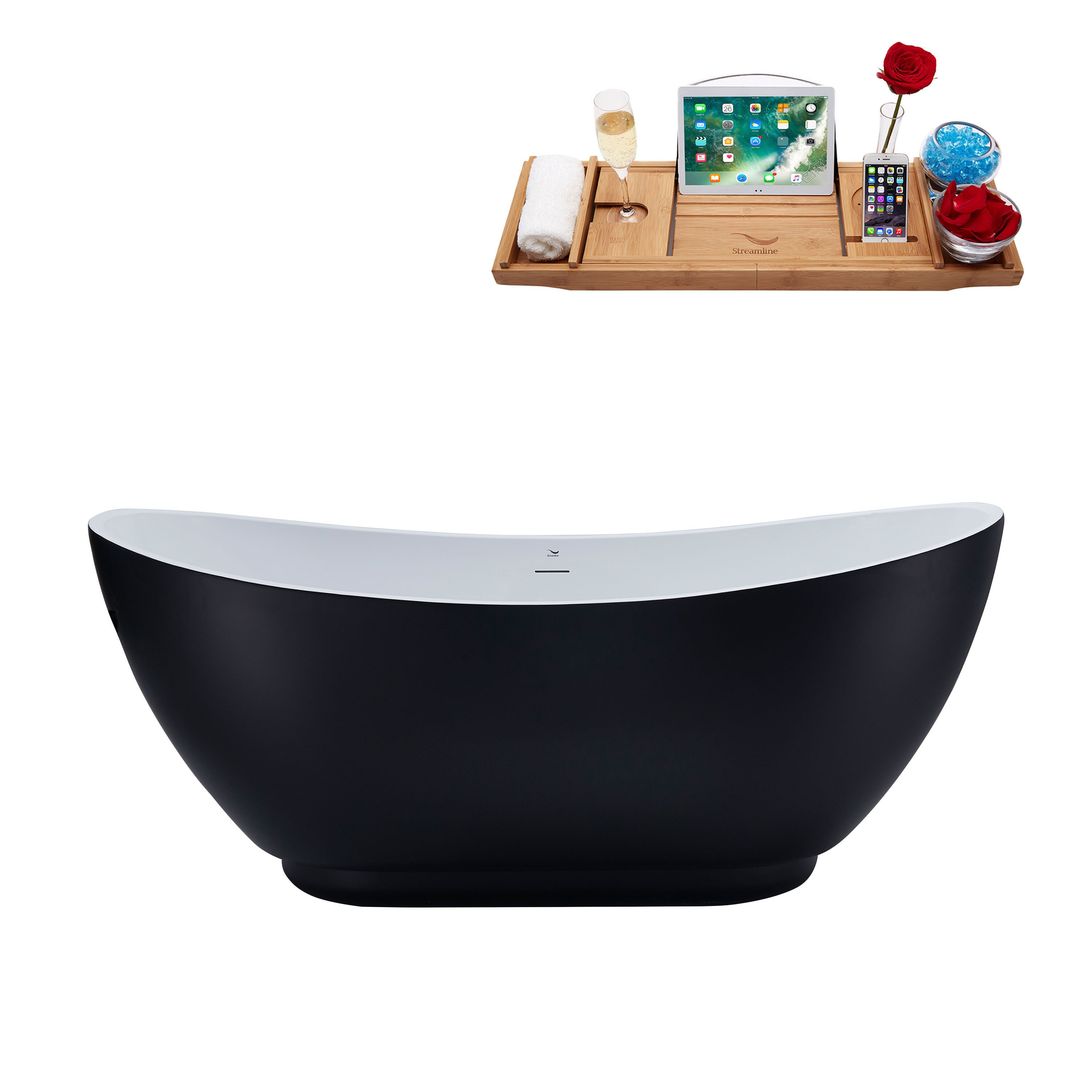 Streamline N594BL 28.3-in x 62.2-in Matte Black Acrylic Oval Freestanding Soaking bathtub with Drain ( Center Drain )