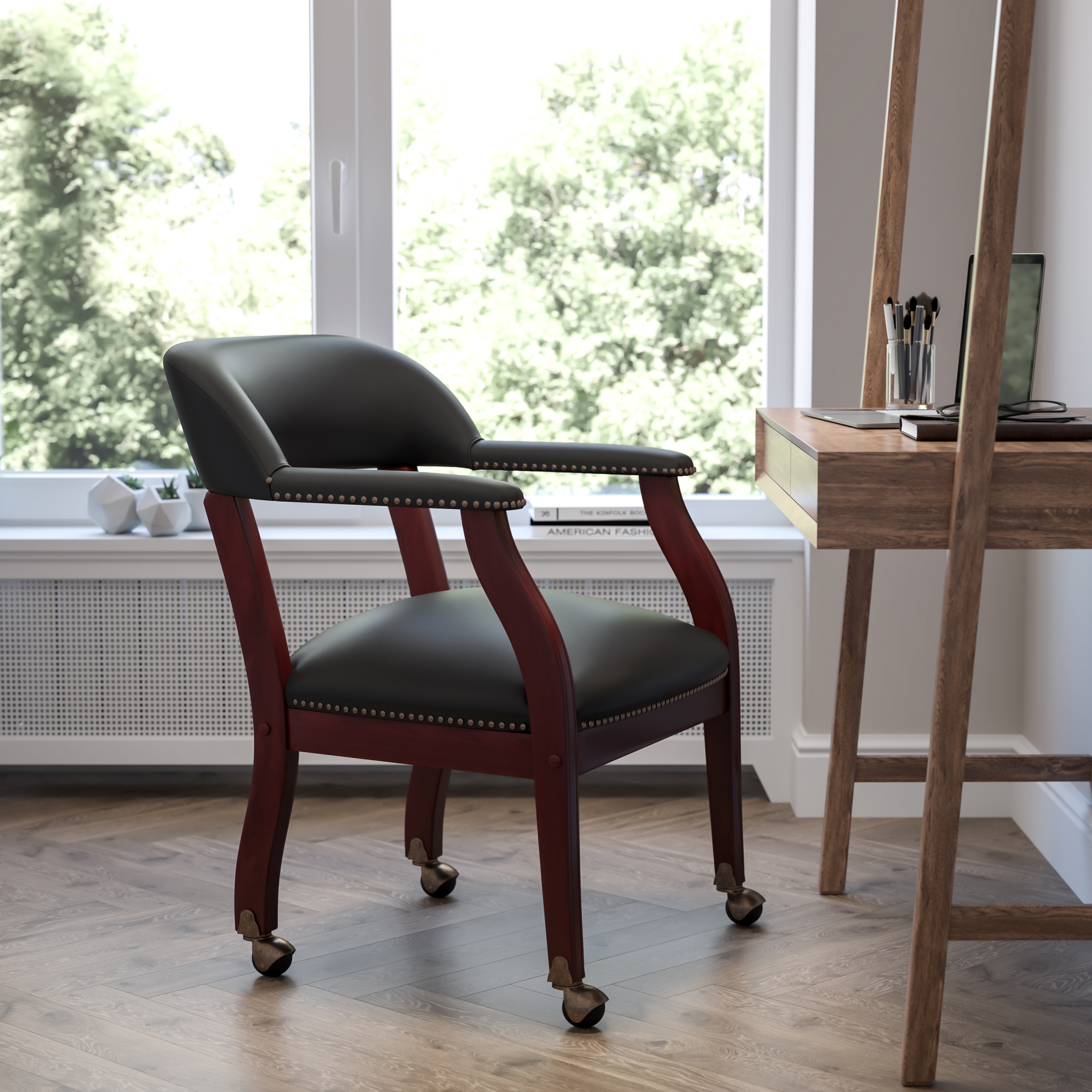 Black Leather Mid-Back Conference Chair with Wood Frame