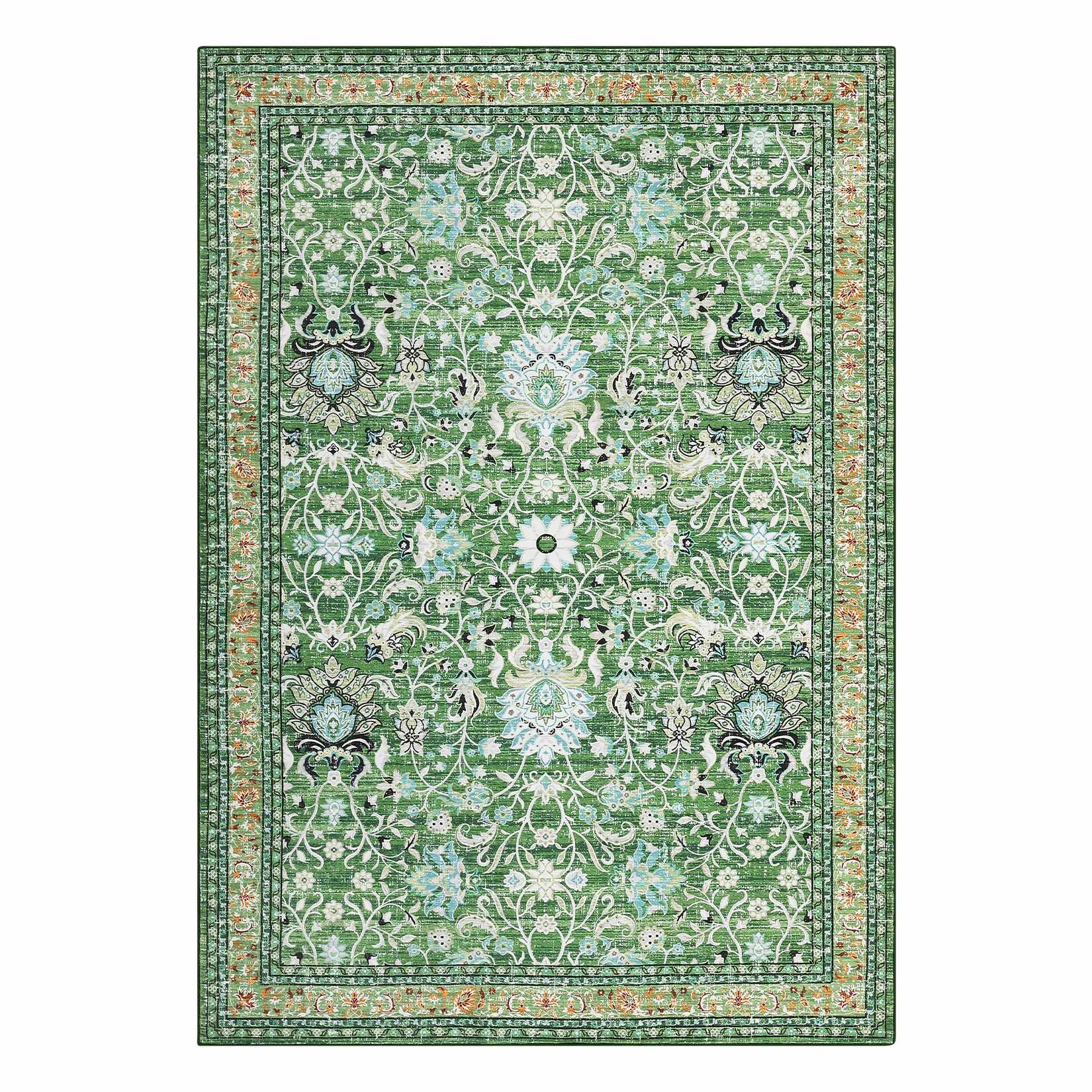 Qeetex LSN-PHO-108P22R5 5 x 7 ft Polyester Imitation Cashmere Grass Green Rectangular Hallway Bathroom Entryway Kitchen Office Foldable Flower Printed Persian Washable Area Rug
