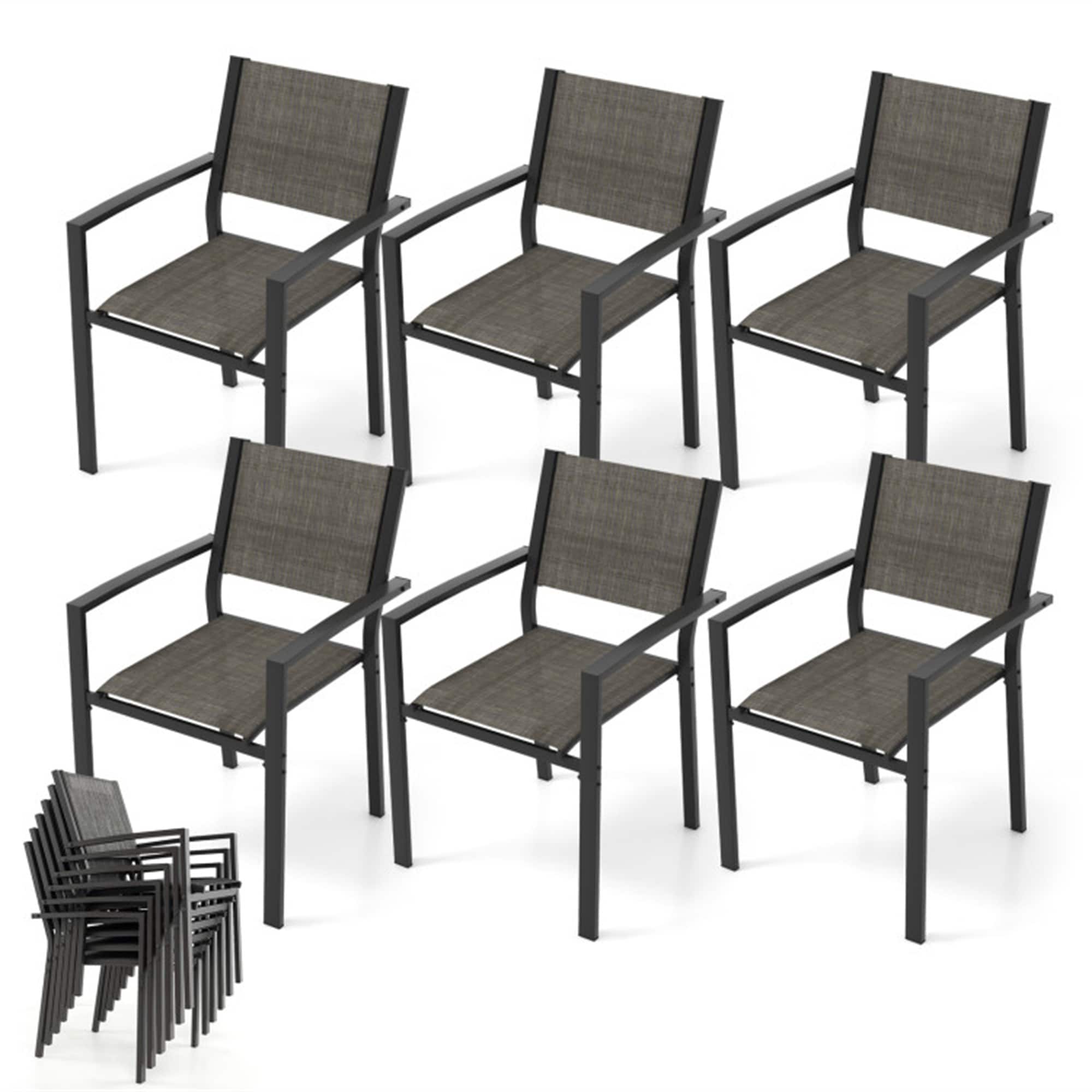 BABOOM BOM-W68941-CO Set of 6 Stackable Patio Chair Set of 6 Stackable Black Metal Frame Stationary Conversation Chair with Gray Solid Seat