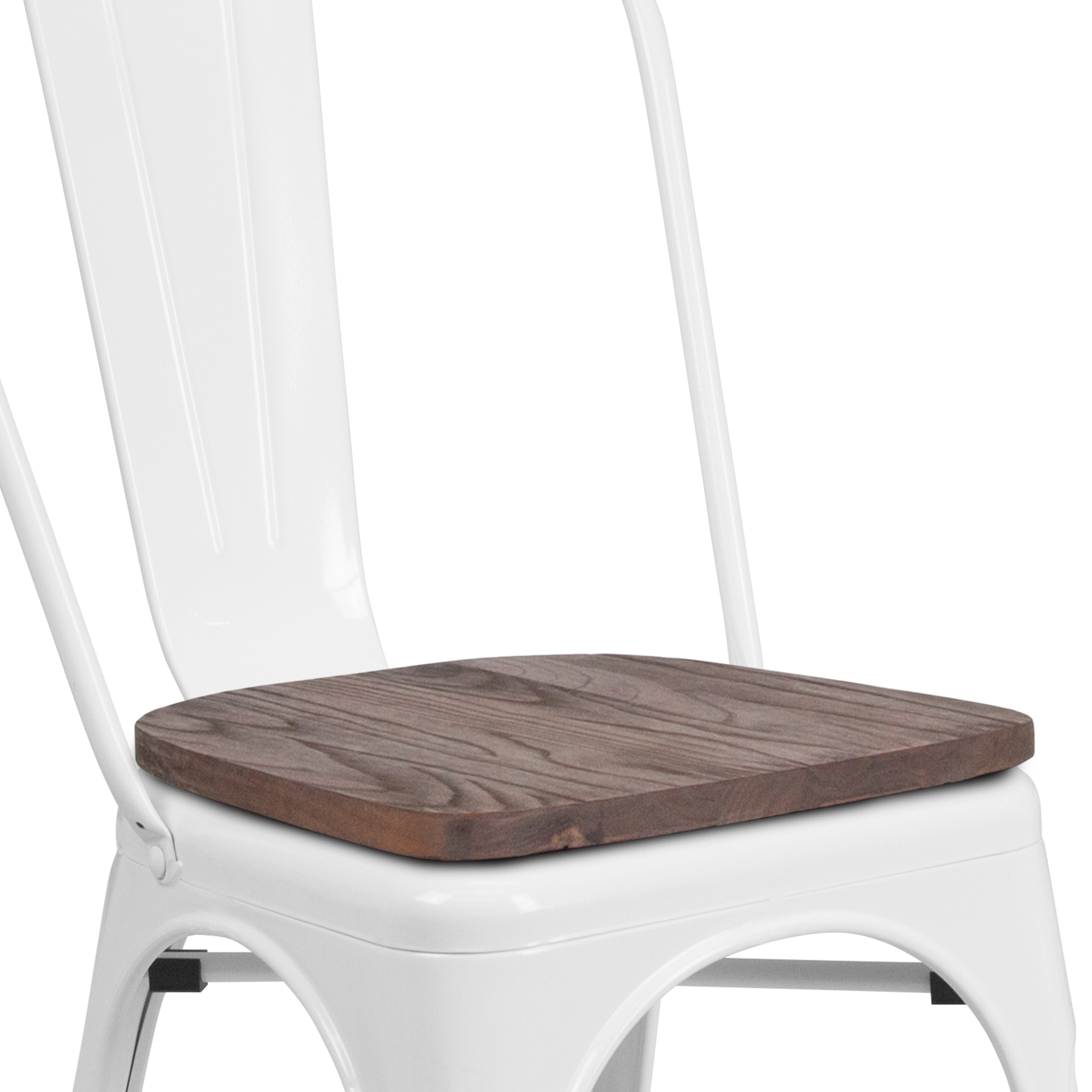 White Metal Stackable Dining Chair with Wood Seat