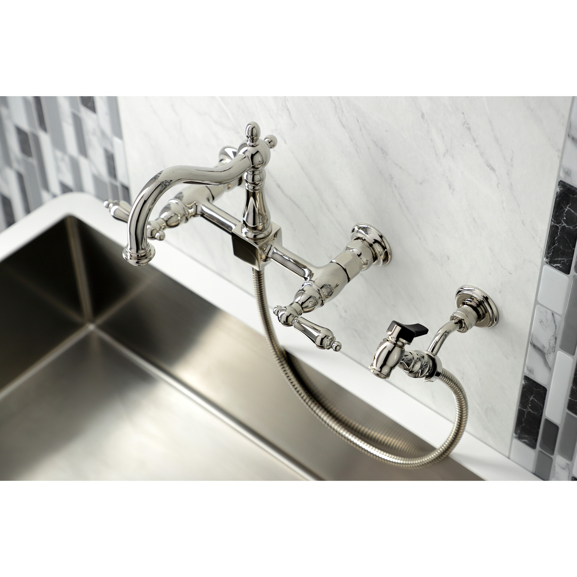 Kingston Brass WLKS1266ALBS Polished Nickel Double Handle Wall-mount Kitchen Faucet ( Side Sprayer Included )
