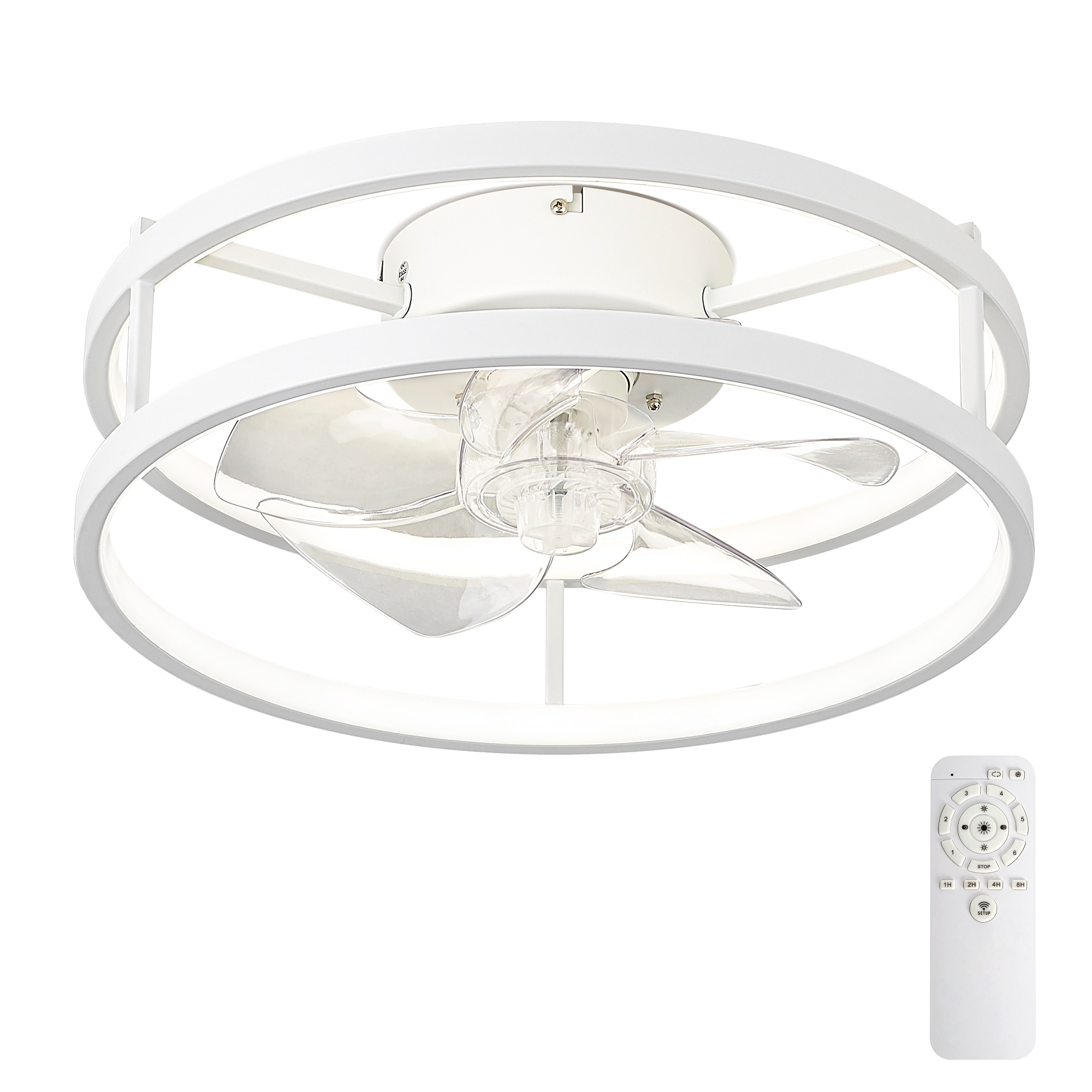 LTMATE LT-DCF210-WH16 JAZAVA 15.7-in Color-Changing Flush Mount White with clear Blades Cage Ceiling Fan Light Kit Compatible - Remote Included ( 5 -Blade )