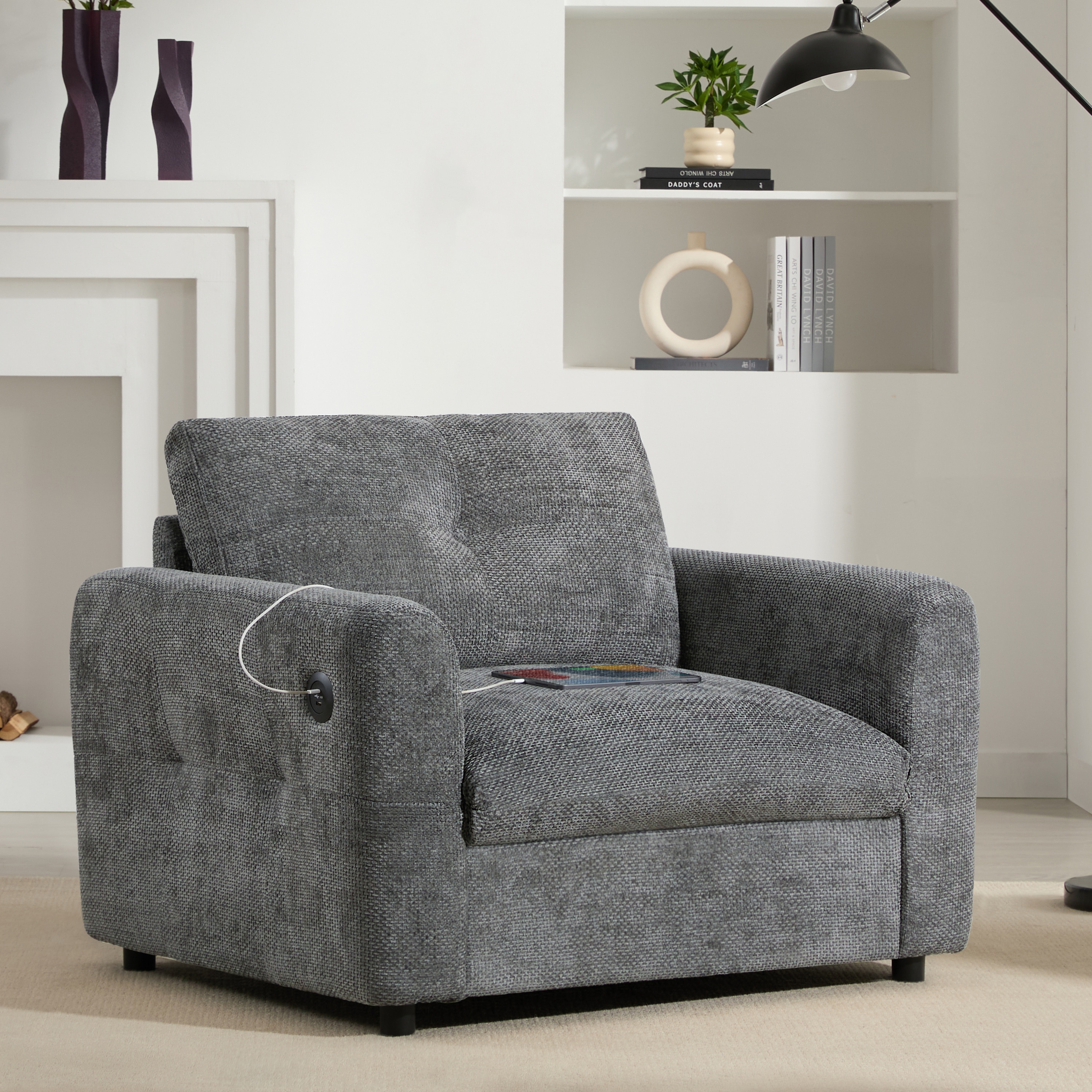 LOVMOR SF-WO-N723P305133E 42x33 Single Sofa  Armchair with Wide Seat Dual port Charger Pull line Tufted Design High density Foam Suitable for Living Room Apartment Chenille 2 Colors