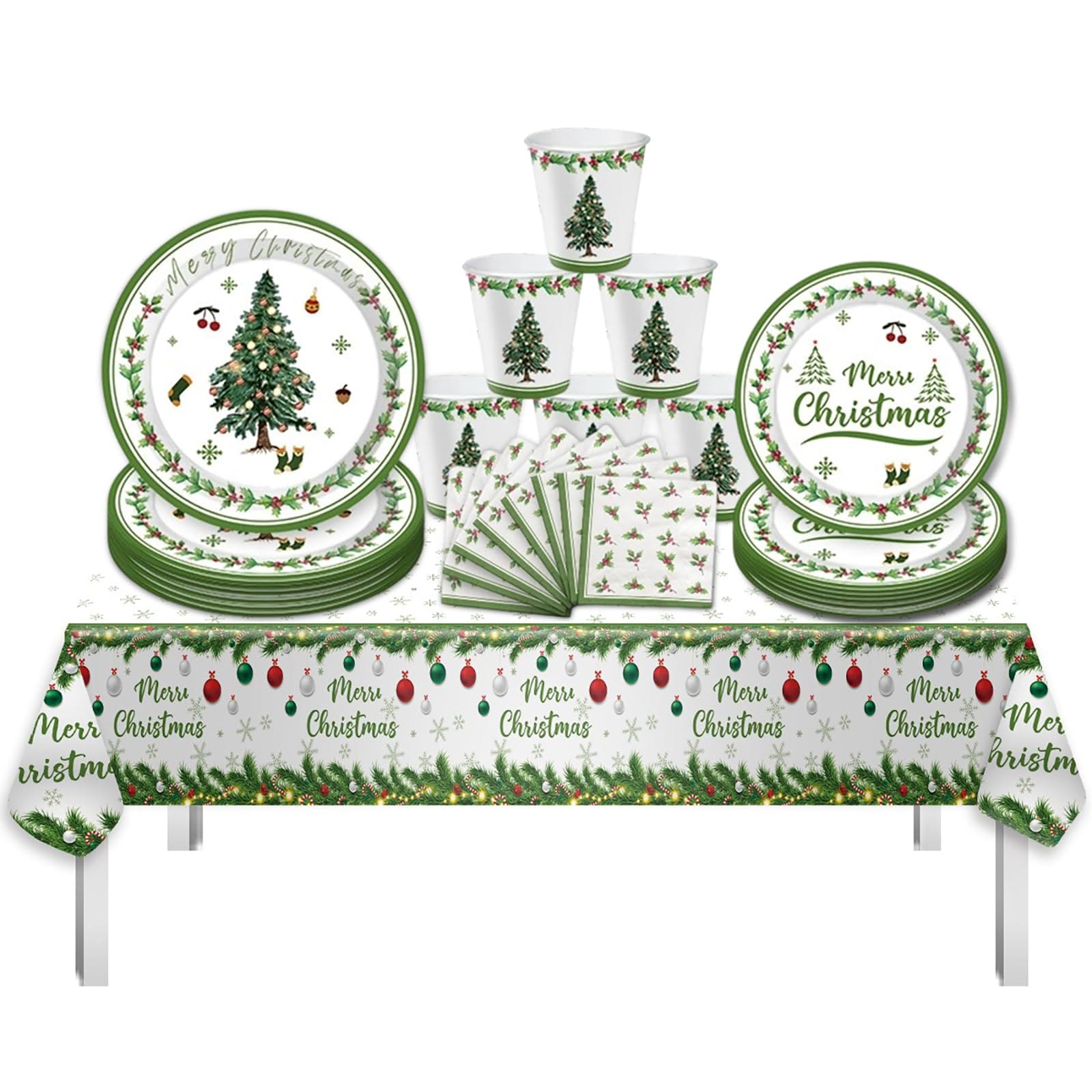Aoibox 97 pcs Christmas Party Supplies Set Includes 24 Napkins 24 Cups 24 Large Plates 24 Small Plates 1 Tablecloth for 24 Guests #LAB1205D26