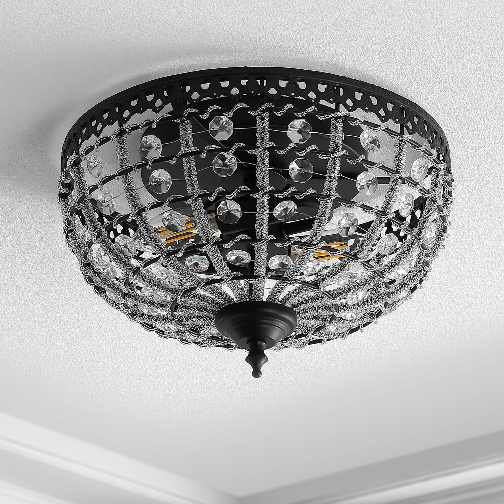 Anita 12.25" Black Metal & Clear Crystal LED Flush Mount Light