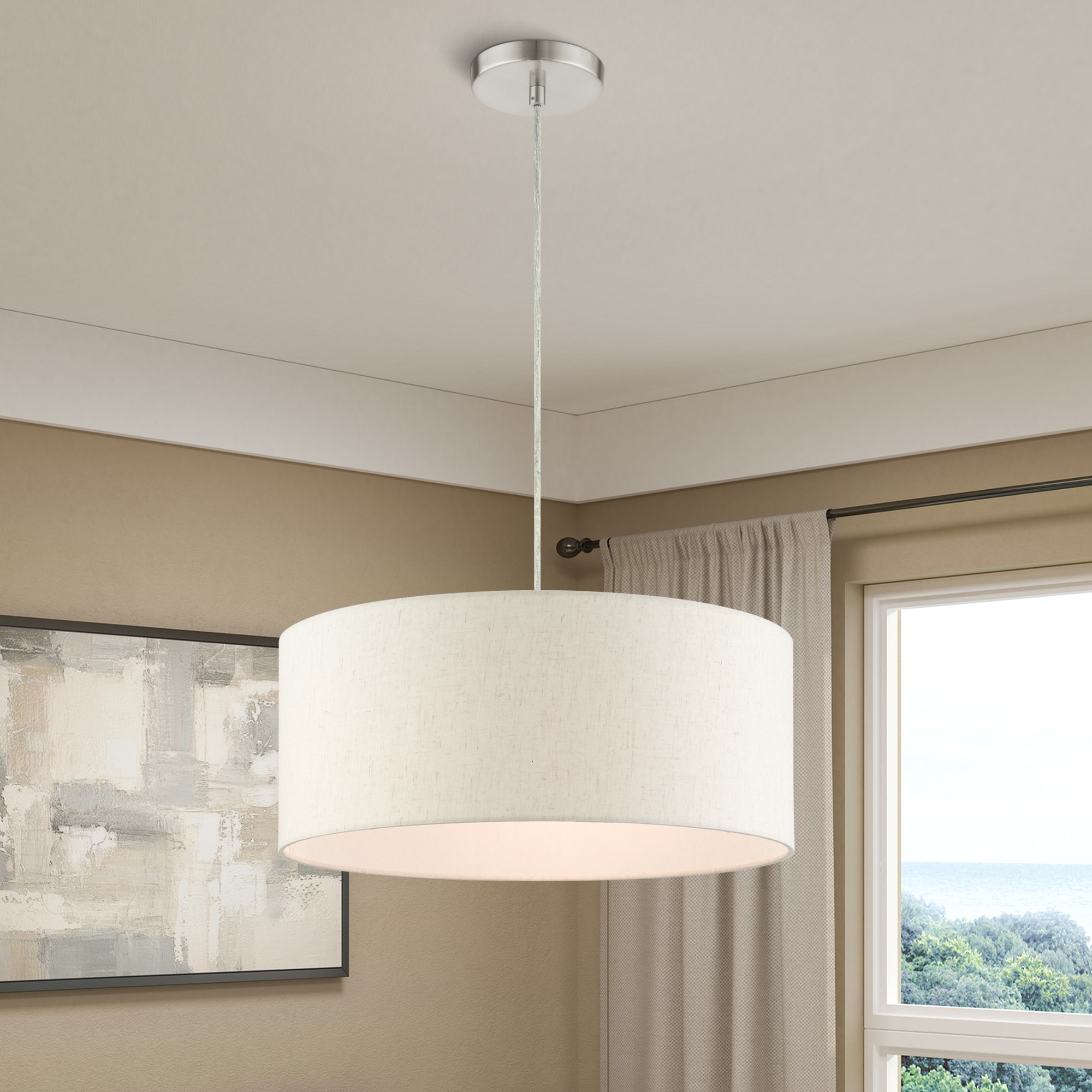 Meadow Brushed Nickel 3-Light Drum Pendant with Oatmeal Shade