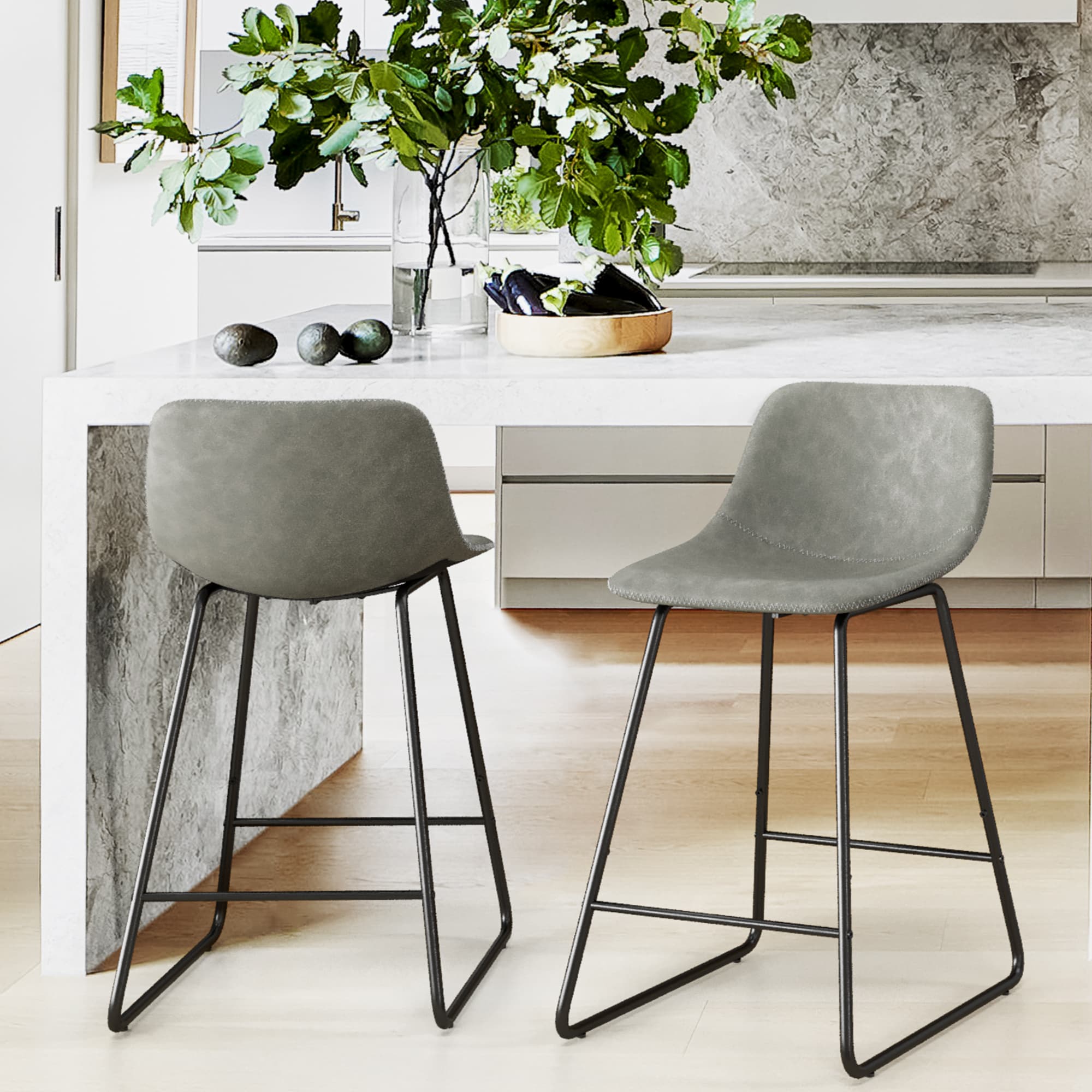 LUE BONA 2LB21CH0022-1100LS Set of 2 Gray 24-in H Counter height (24-in to 27-in) Bucket Seat Metal Back Bar Stool Back