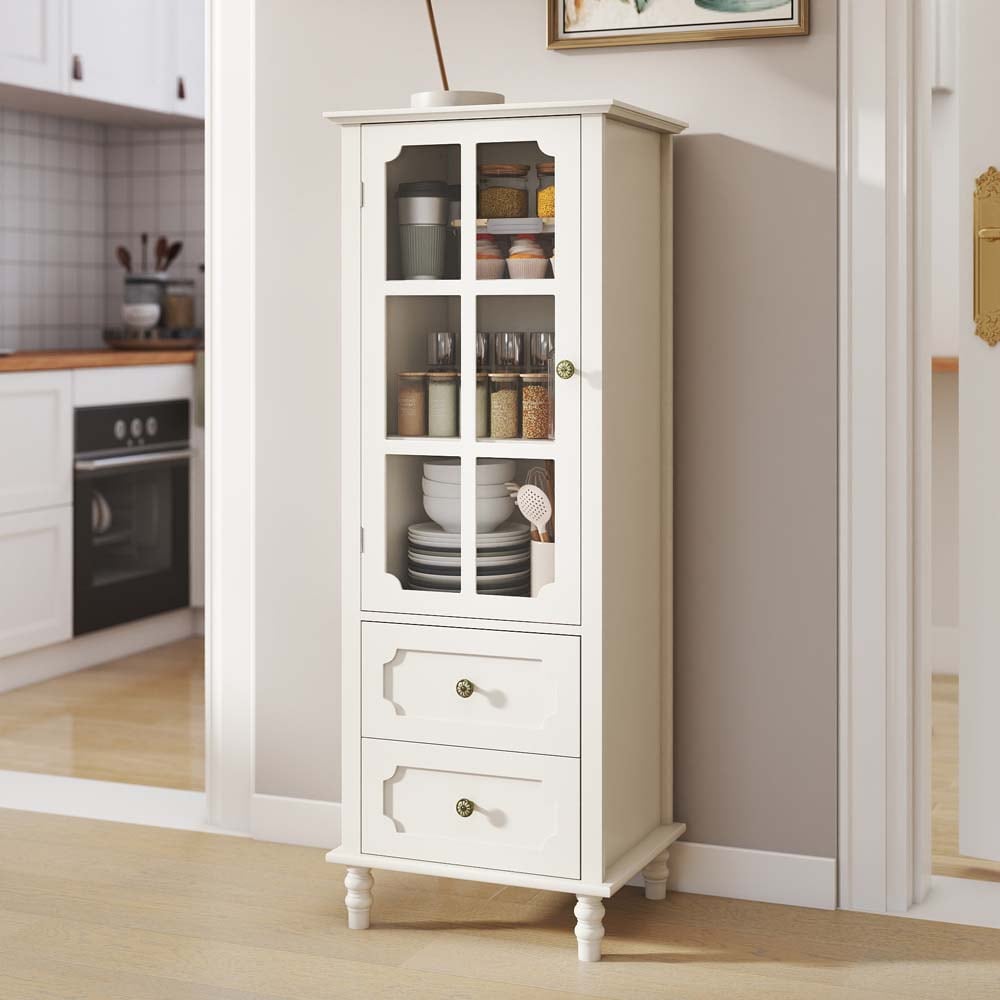 SereneVita 52.36 Inches Tall White Wood Minimalism Sideboard Buffet Cabinet with Storage Modern Accent Cabinet with Adjustable Shelves Solid Wood Legs and 2 Drawers for Living Room