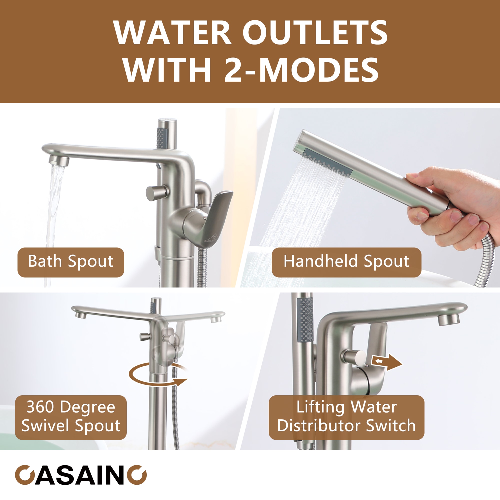 Brushed Nickel Freestanding Bathtub Faucet with Handshower