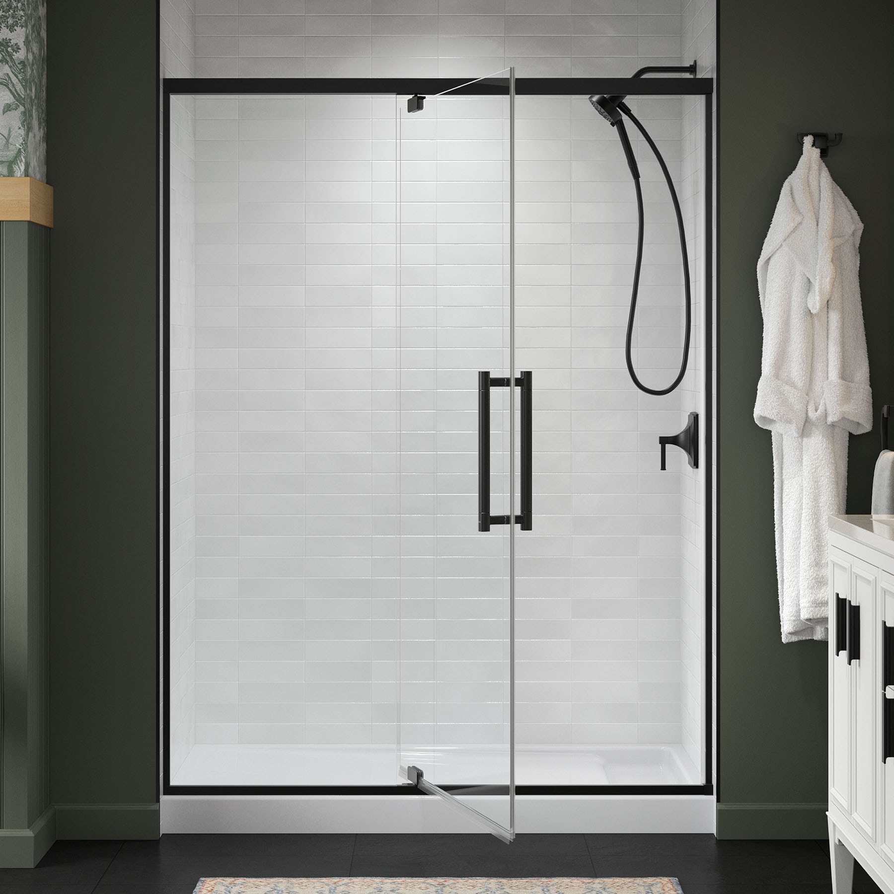 KOHLER R702477-8L-BL Premise Matte Black 55-in to 60-in W x 76.06-in H Frameless Pivot Soft Close Shower door 5/16-in Thick Clear Glass