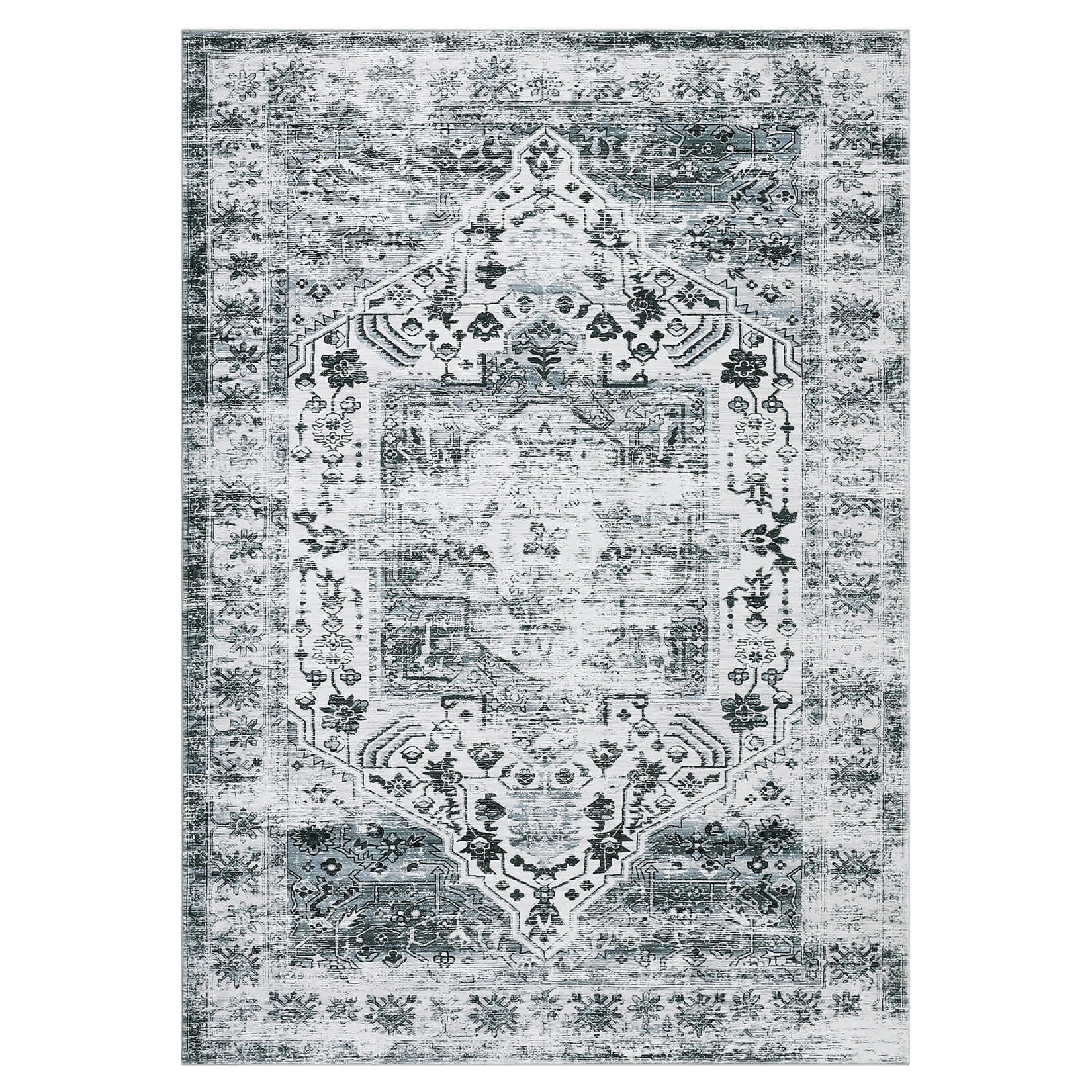 WhizMax SUNNY-PHO-16IIMVVM Washable Vintage Soft Non Slip Rectangular Distressed Floral Print Runner Rug Grey 2 x 6(ft)