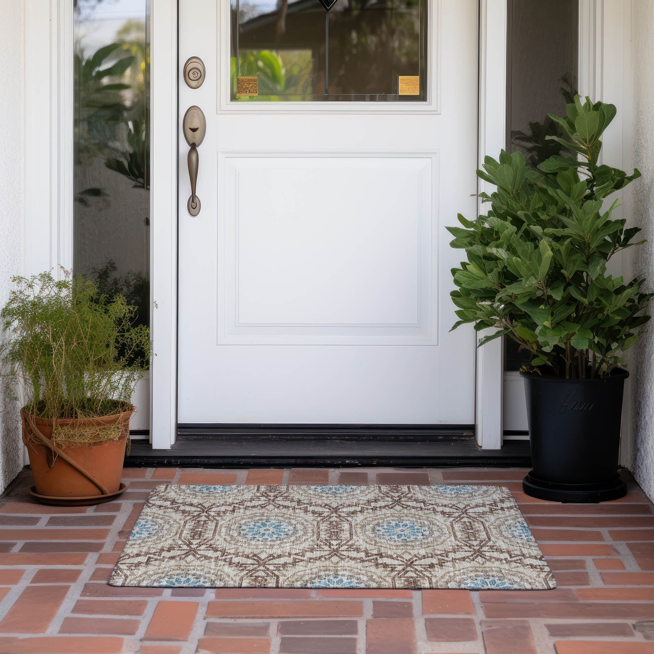 Khaki and Blue Rectangular Synthetic Washable Rug