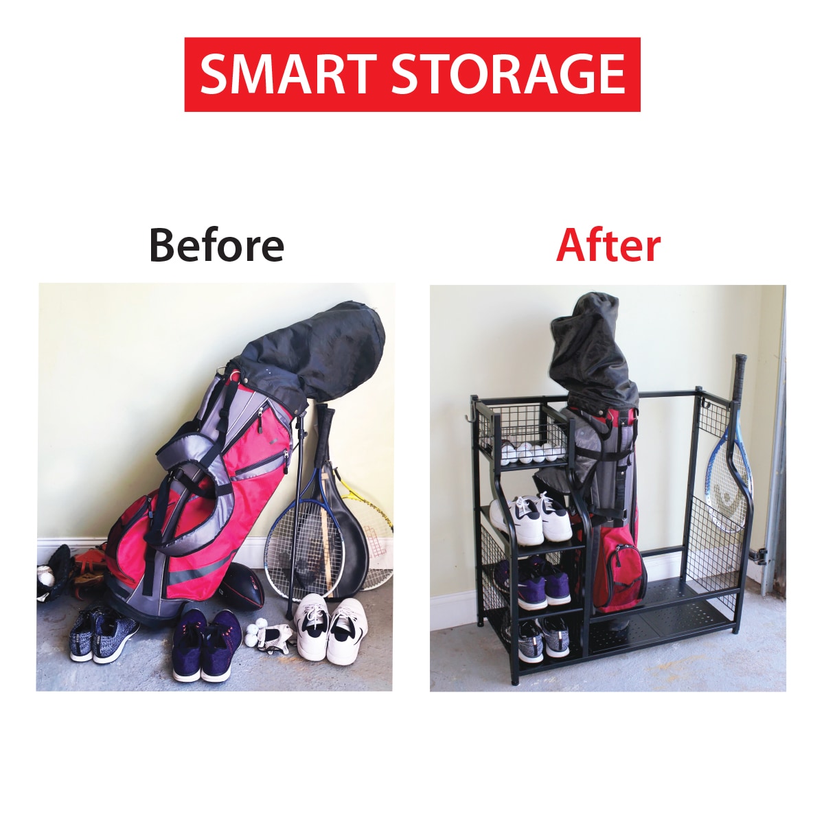 Sttoraboks Golf Bags Storage Garage Organizer Golf Bag Rack for 3 Golf Bags and Golf Equipment Accessories Golf Club Storage Stand, Black