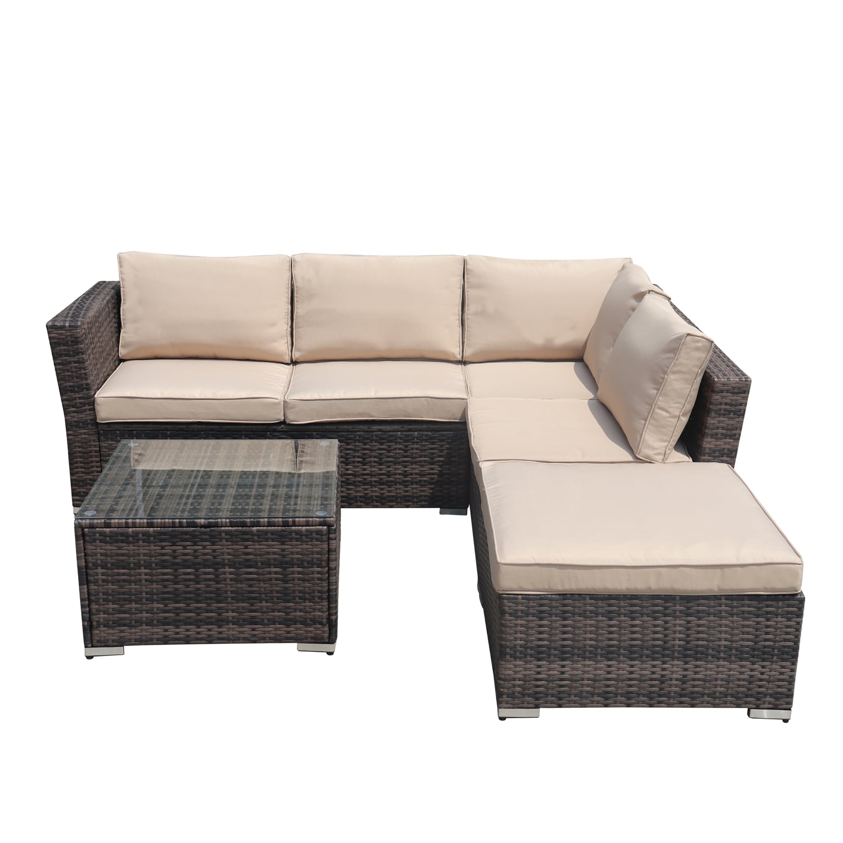 Bayfeve BFKN-376S014 4-Piece All-Weather Patio Conversation Set Wicker Furniture Set Outdoor Rattan Sectional Sofa with Tempered Glass Table