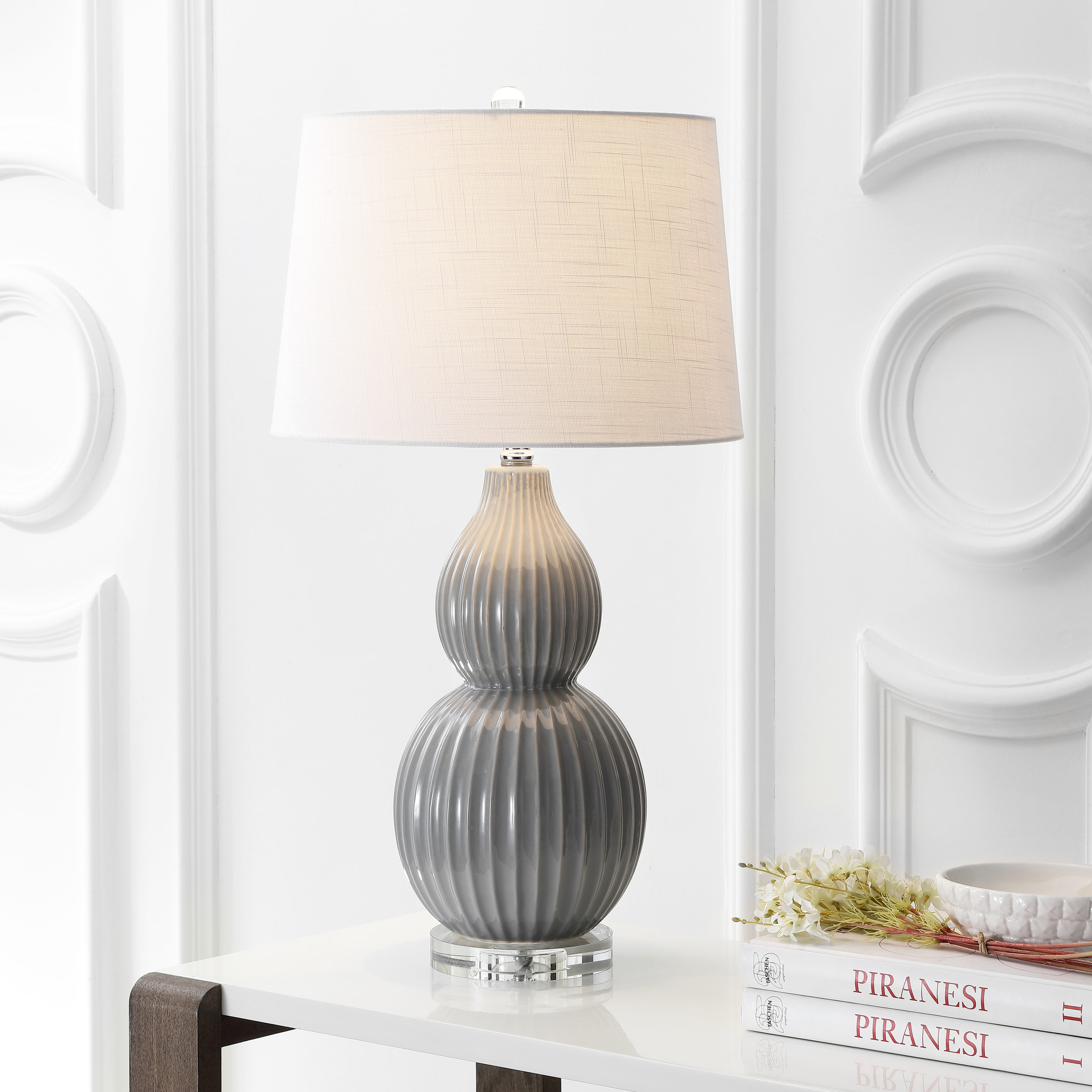 JONATHAN  Y JYL8019B Thatcher Ceramic Transitional 28.25-in Gray LED Incandescent Rotary socket Table Lamp with Linen Shade