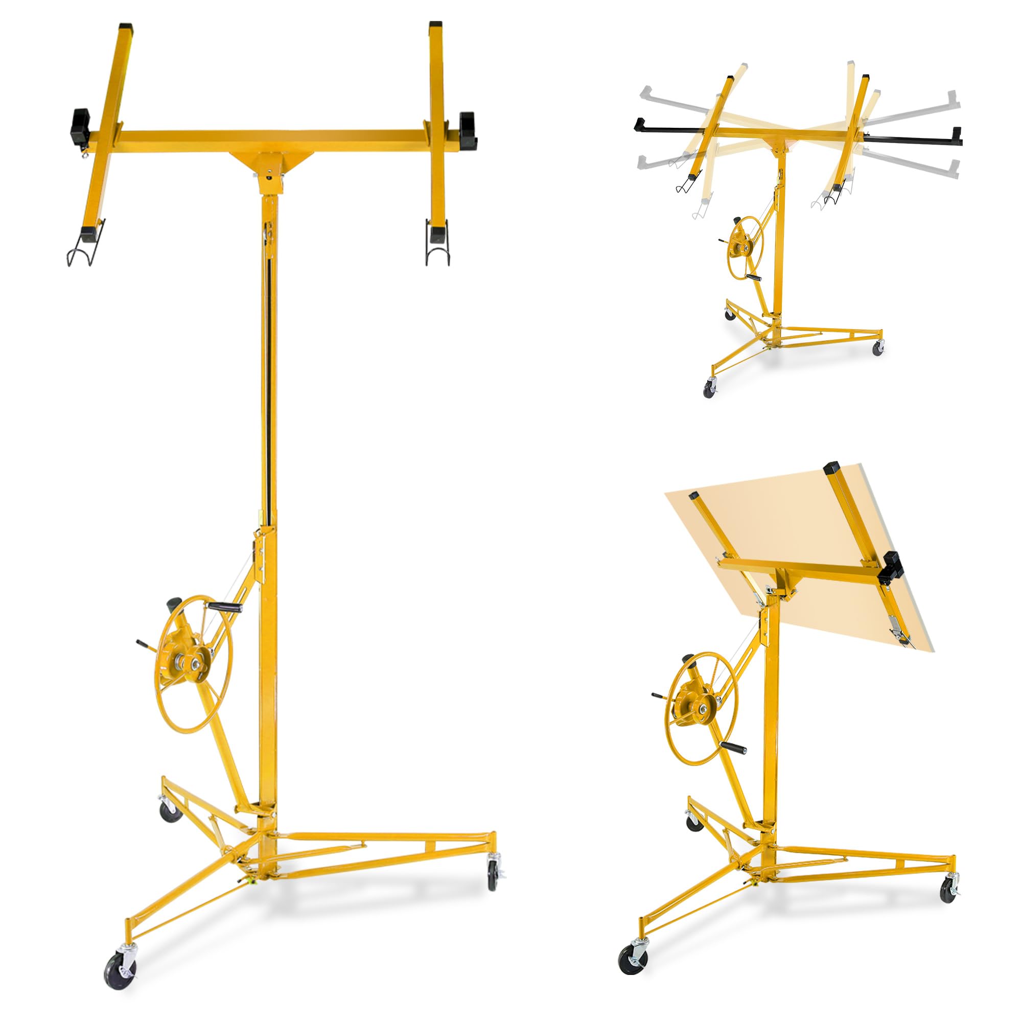 IdealHouse 16 Ft Heavy Duty Drywall Panel Lift Jack 150 LBS Load Capacity Adjustable Height from 6.2 Ft to 16 Ft with 60 Degree Tilt and 360 Degree Rotation Locking Casters and Tripod Base Sheetrock Hoist - Yellow