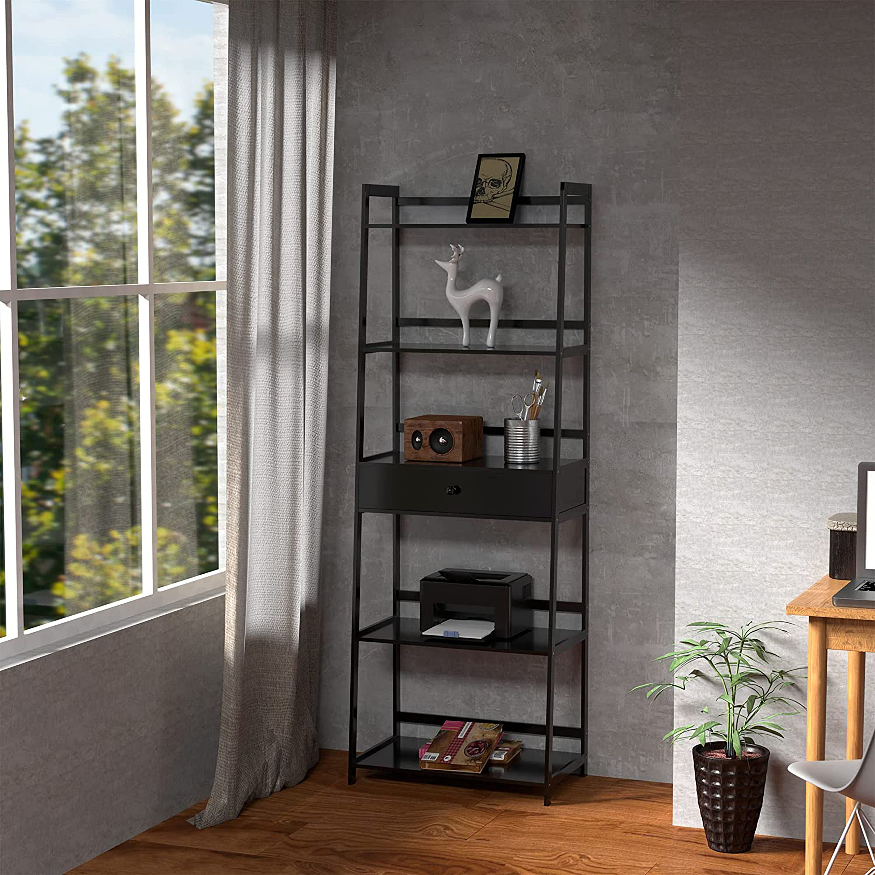 Wrightmaster Bookshelf, Ladder Shelf with Drawers, 5 Tier Tall Bookcase,  Modern Open Book Case for Bedroom, Living Room, Office, Natural in the  Freestanding Shelving Units department at