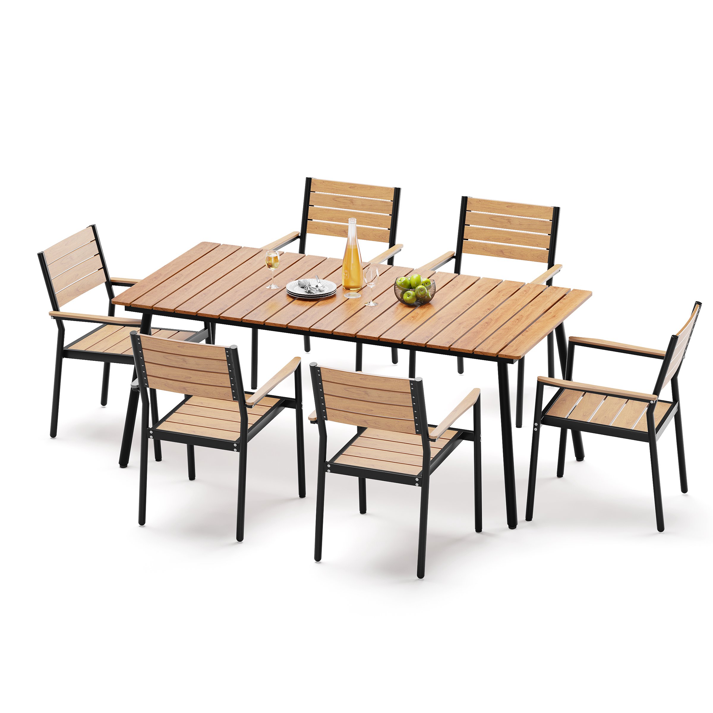Crestlive Products CL-DC5011BRN-7 Patio Dining Sets 7 -Piece Brown Patio Dining Set Aluminum Rectangle Table with 6 Brown Stackable Stationary Chairs