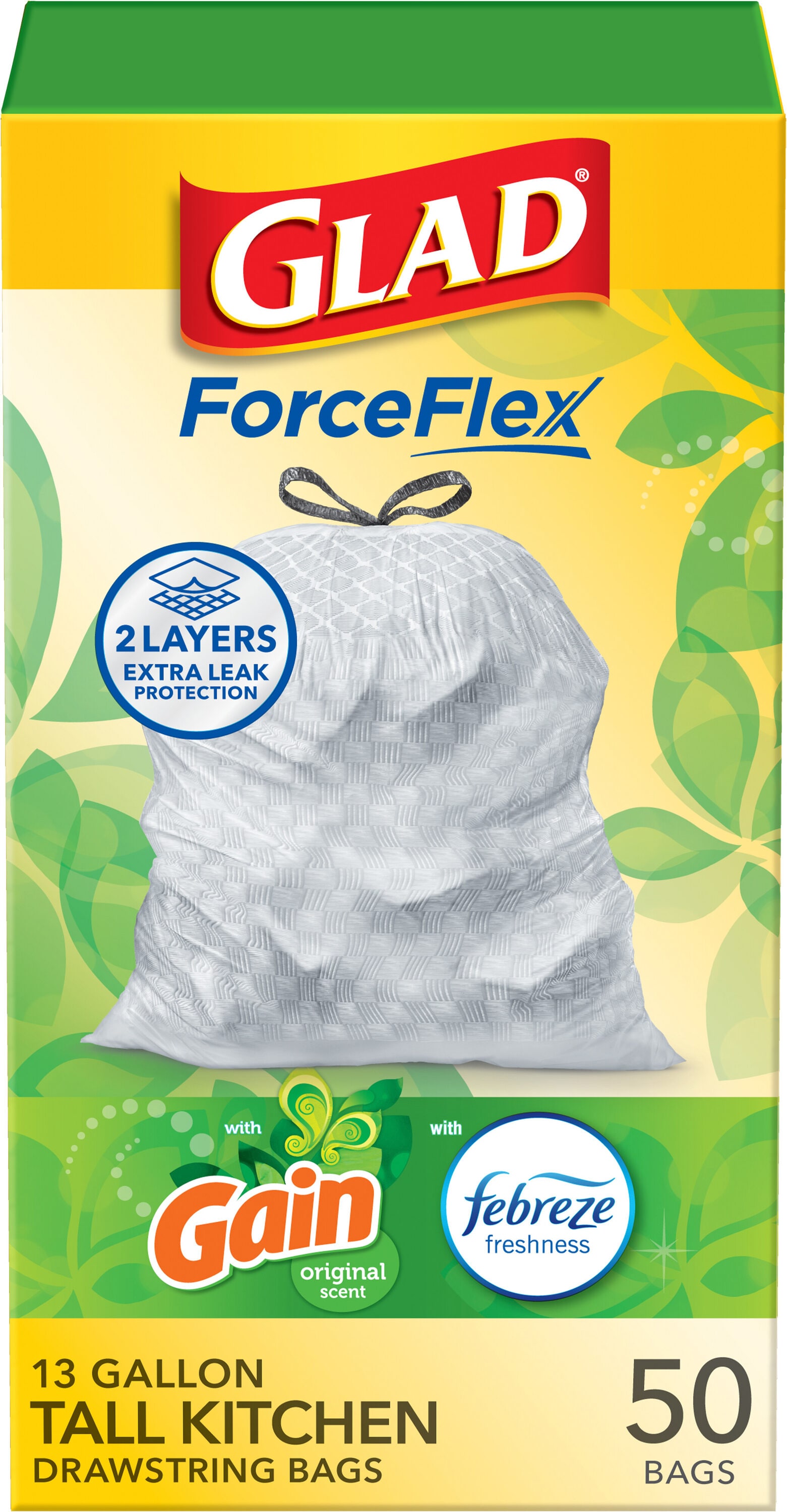 Glad 1258778690 ForceFlex 13.0-Gallon Gain original White Indoor Plastic Kitchen Drawstring Trash Bag 50 -Count