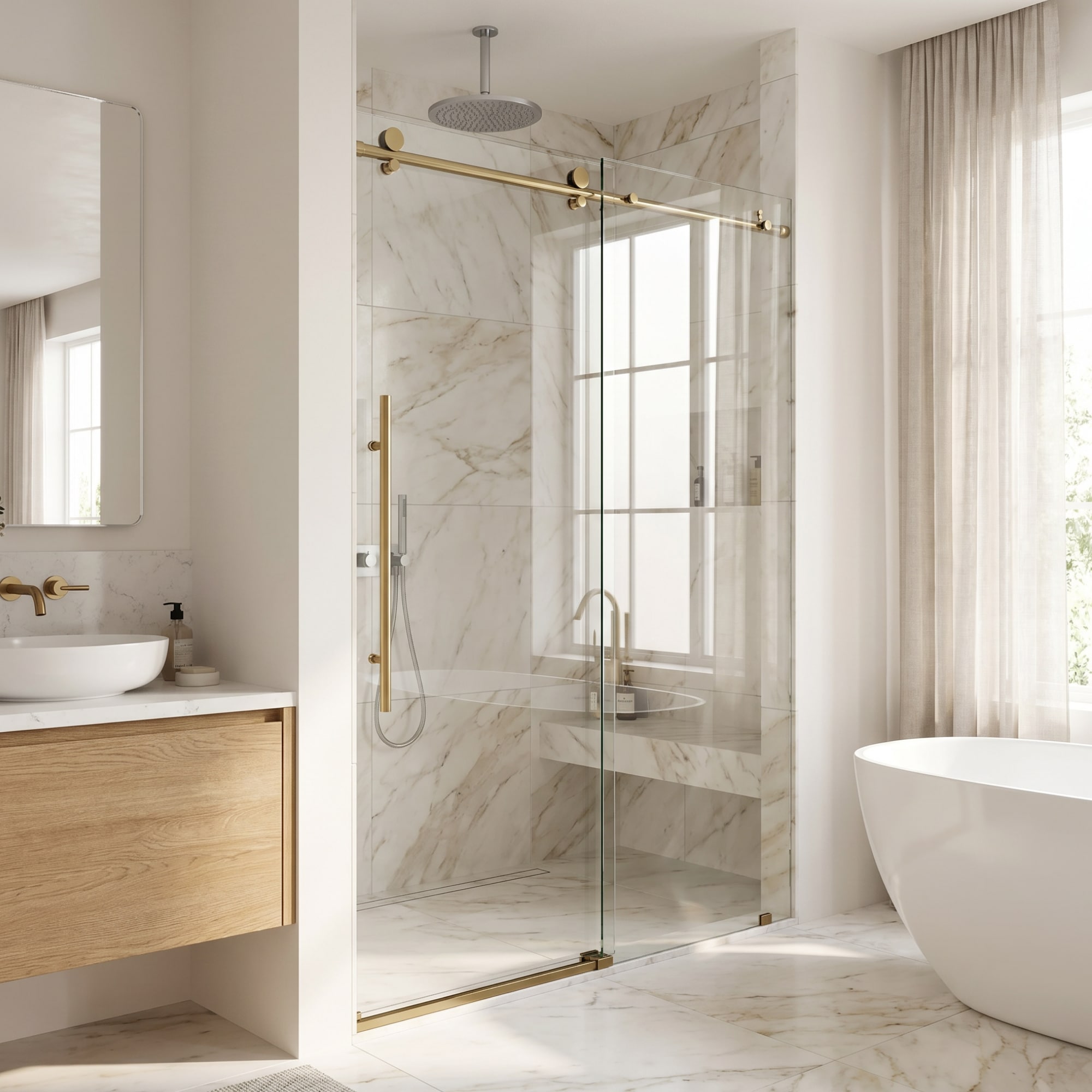 VIGO Elan E-Class Matte Brushed Gold 56-in to 60-in W x 76-in H Frameless Clear Glass Sliding Shower door