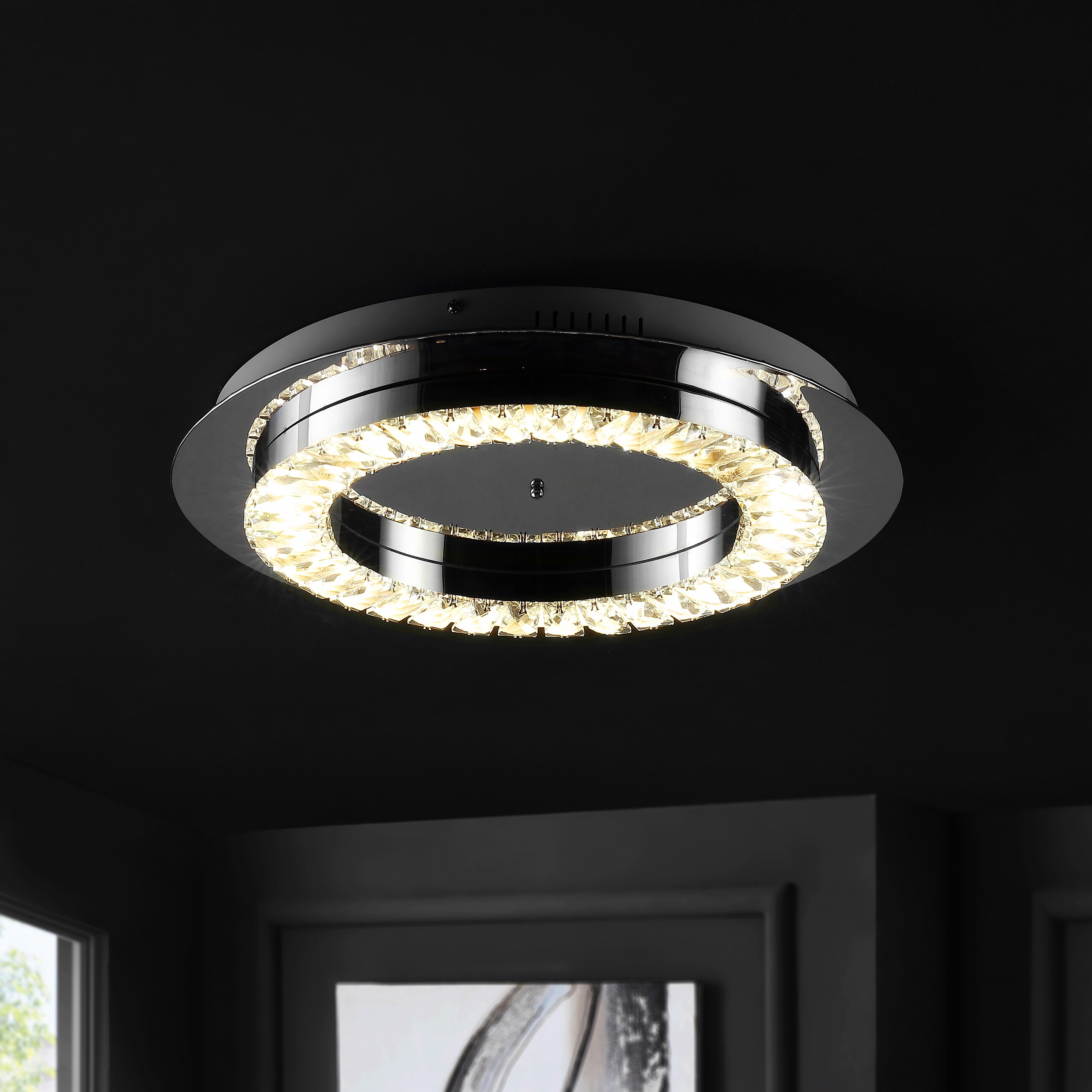 JONATHAN  Y JYL7216A Cristal 18" Iron/Crystal Glam Transitional 1 -Light 18-in Satin Chrome Integrated LED Semi Flush Mount Light