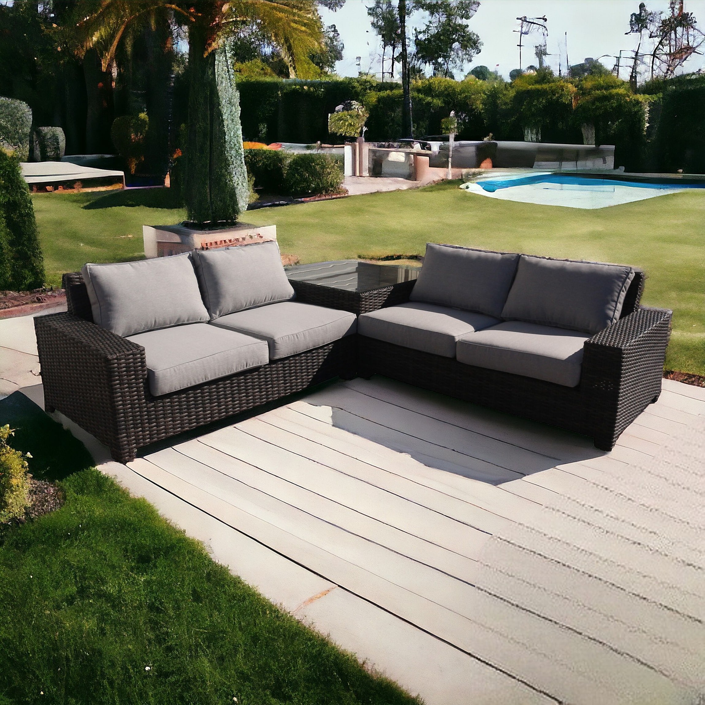 Courtyard Casual 5897 St Lucia 3-Piece Wicker Patio Conversation Set with Gray Cushions