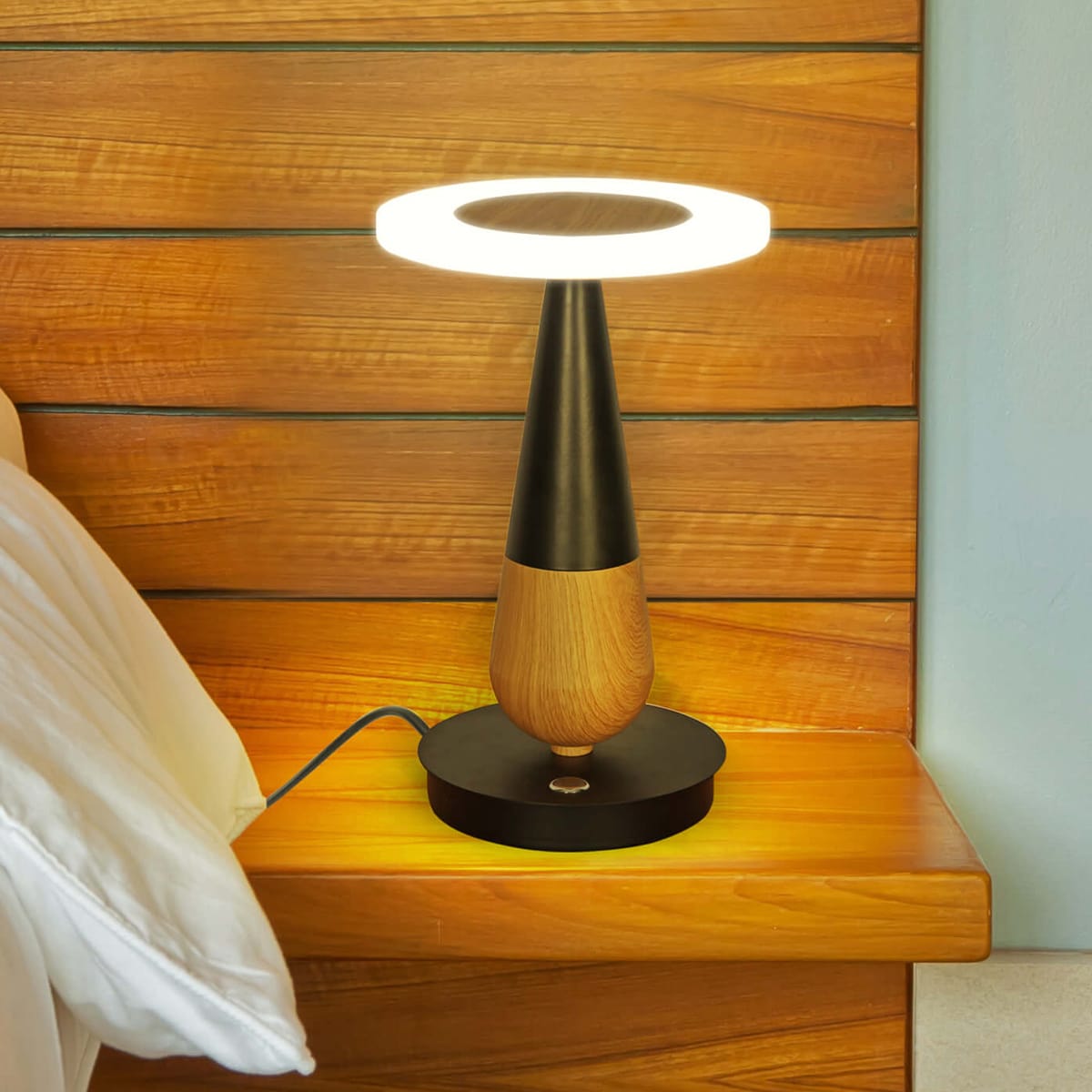 VONN Lighting VSRT6507BL Silva 11.5-in Plated Wood and Black LED Touch Table Lamp with Metal Shade