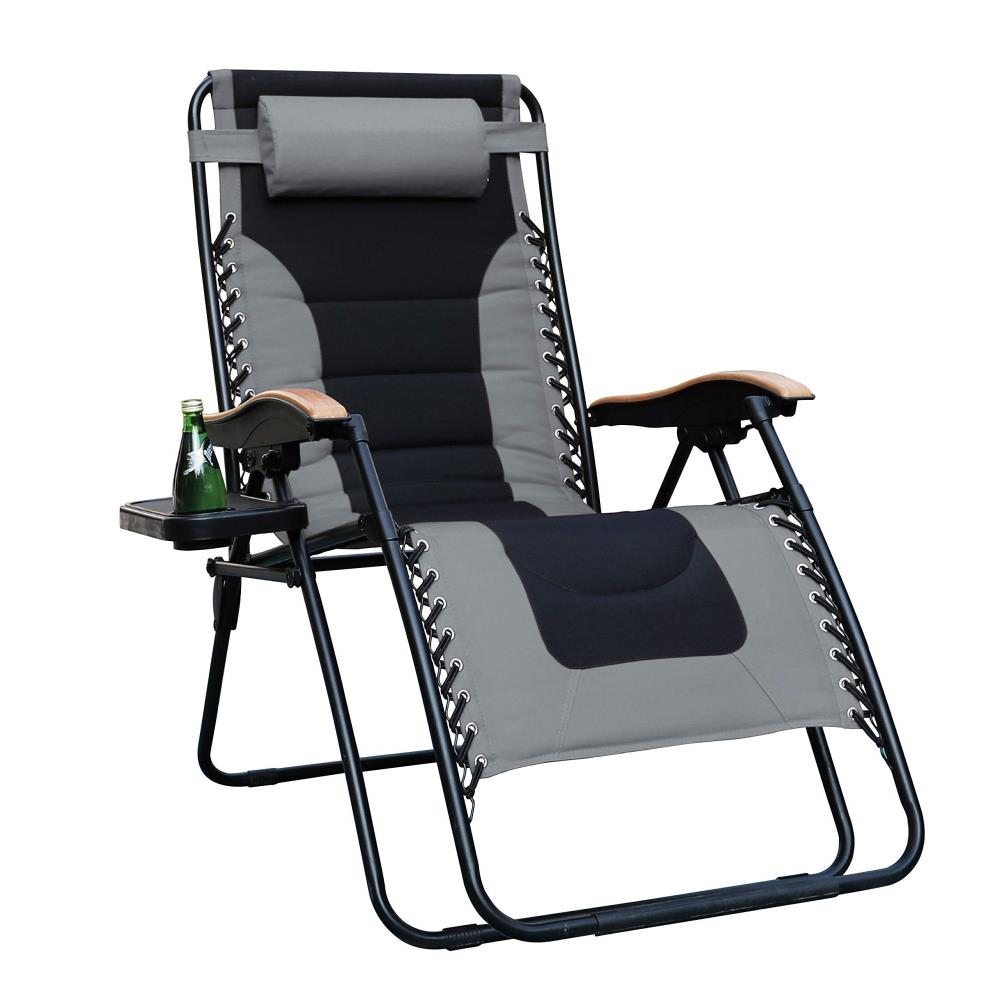 Phi Villa Adjustable Black Metal Outdoor Recliner with Blue Cushions