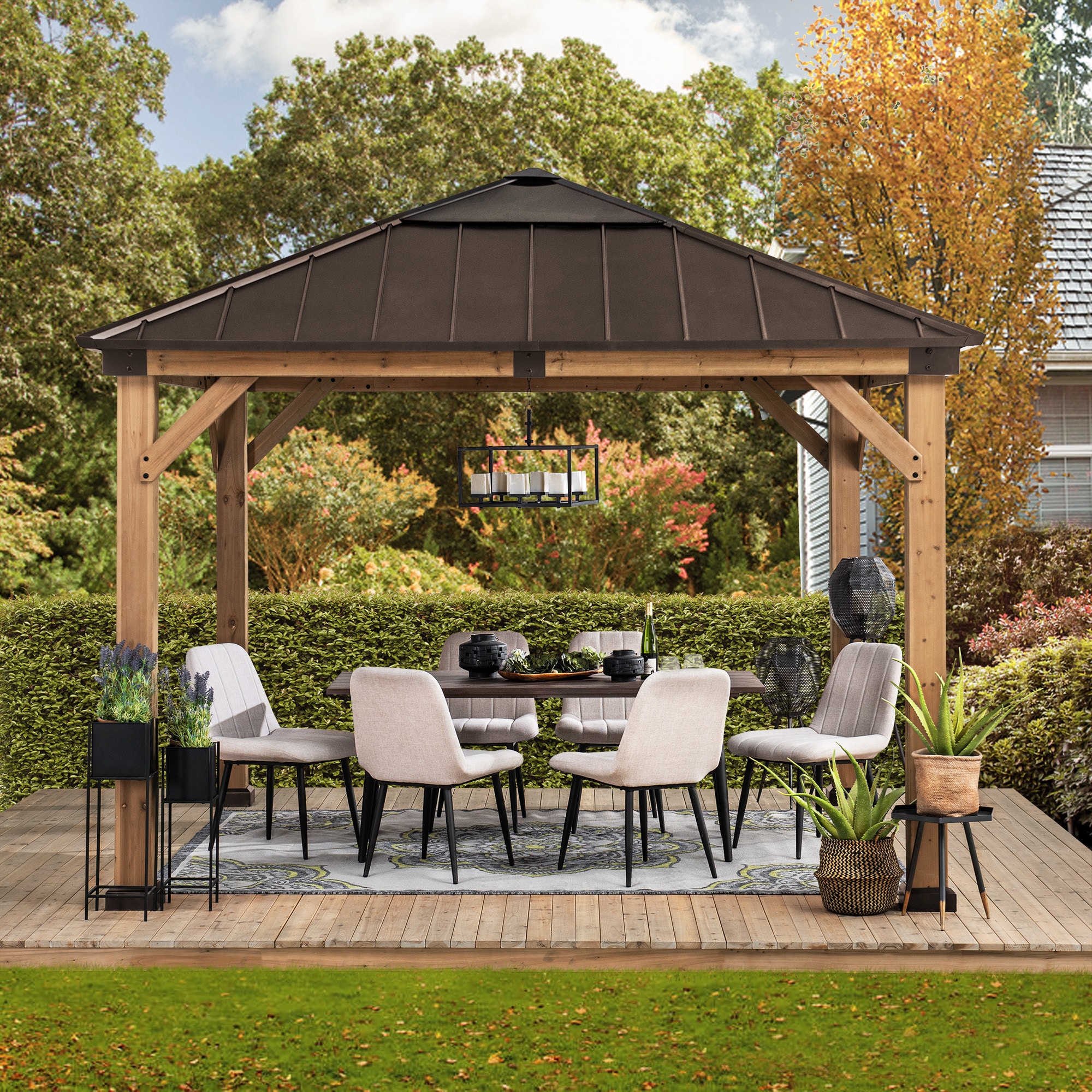 Sunjoy 11-ft x 11-ft Square Brown Wood Steel Roof Gazebo 168684 at ...