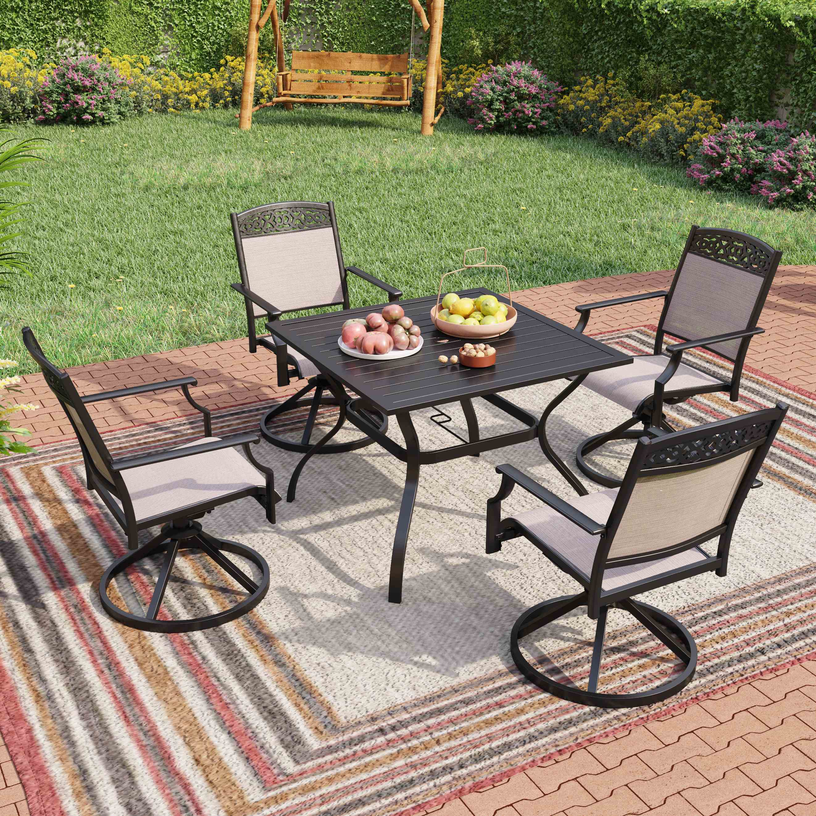 Sunshine Valley TC5-404-0601 COCOS 5 -Piece Black Patio Dining Set Steel Square Table with 4 Tan Swivel Chairs