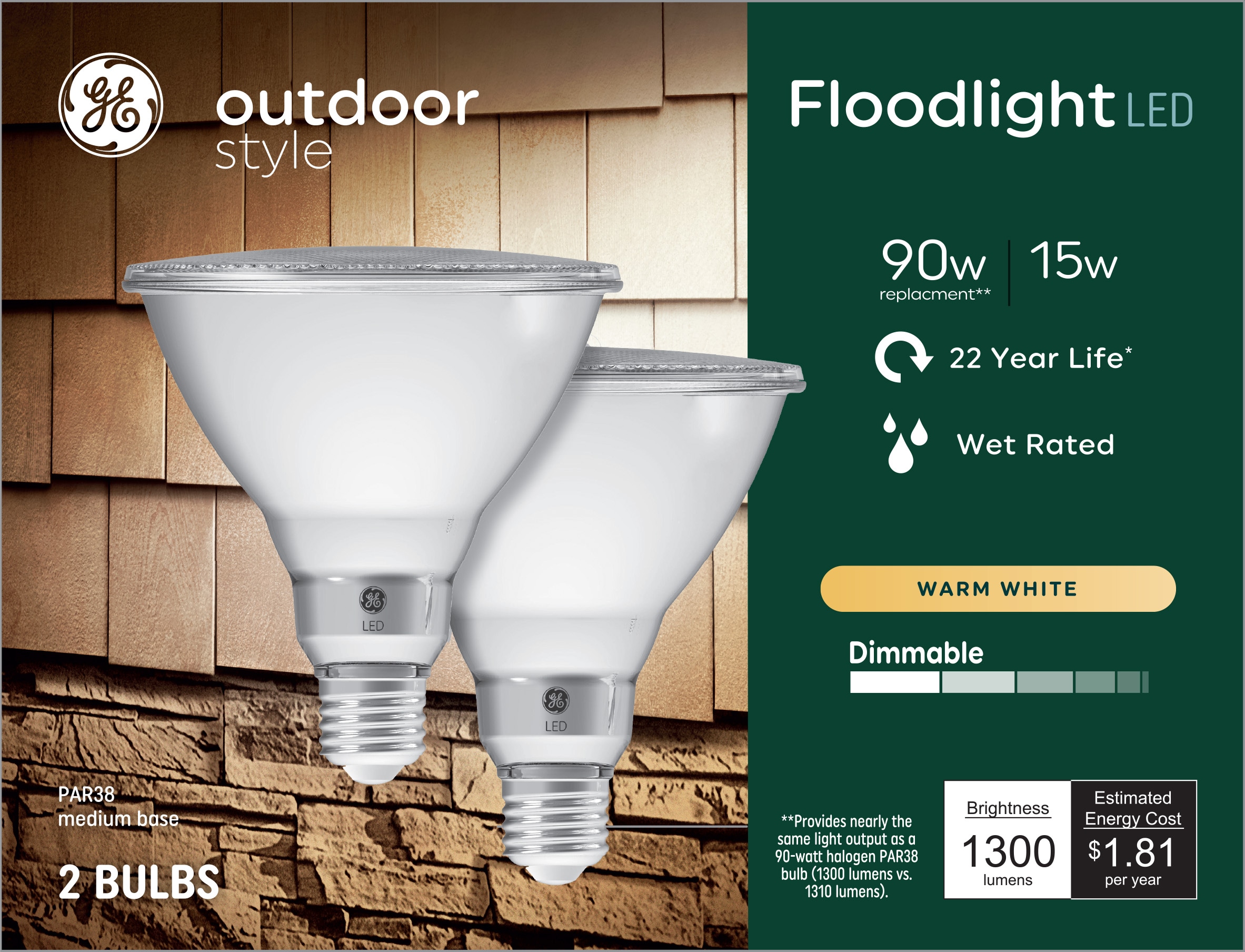 GE 93130663 Outdoor Style 90 -Watt EQ PAR38 Warm white Medium base (E-26) Dimmable LED Spot Flood Light Bulb 2 -Pack
