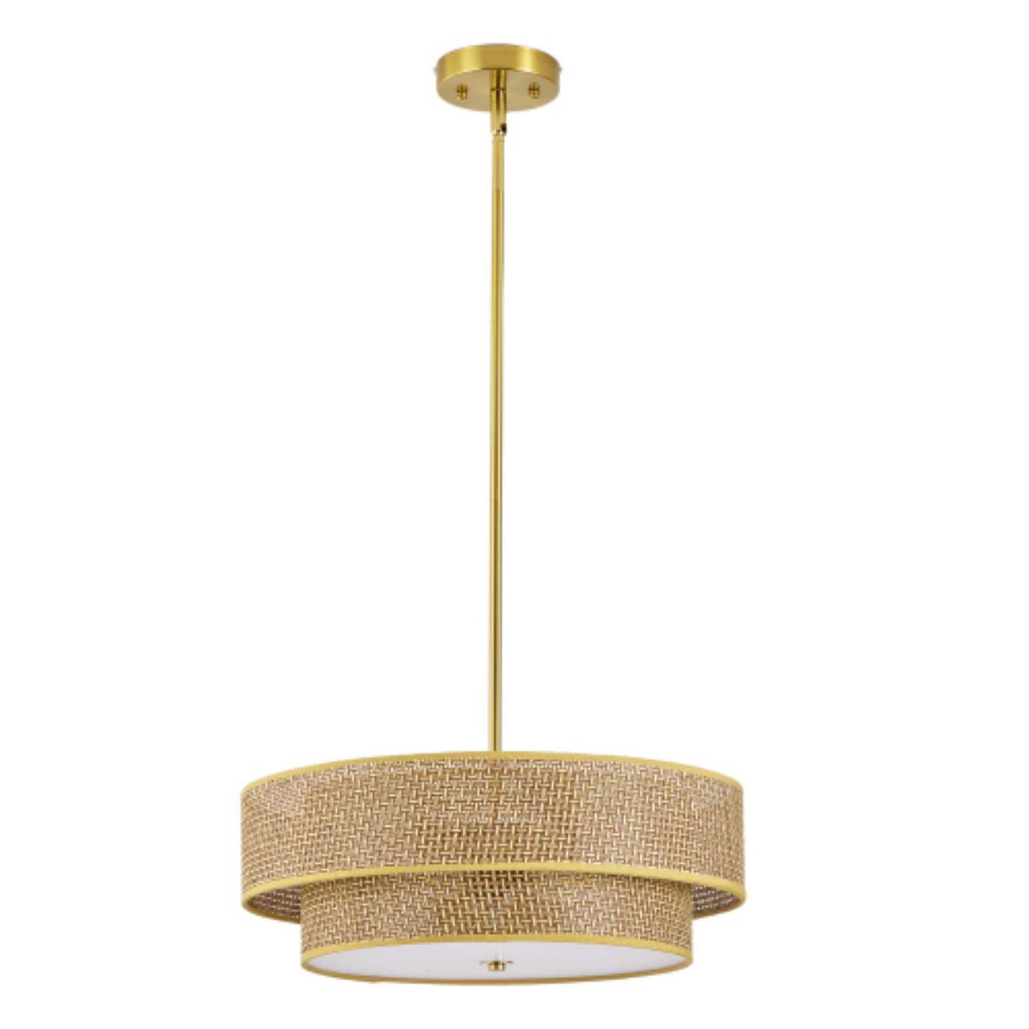 ZHLLMQ Boho 17.72-in 3-Light Brass Rattan Drum Chandelier Adjustable Height Fixture for Bedroom Kitchen Dining Room Living Room Hallway Entryway E26 Hardwired Pendant Light