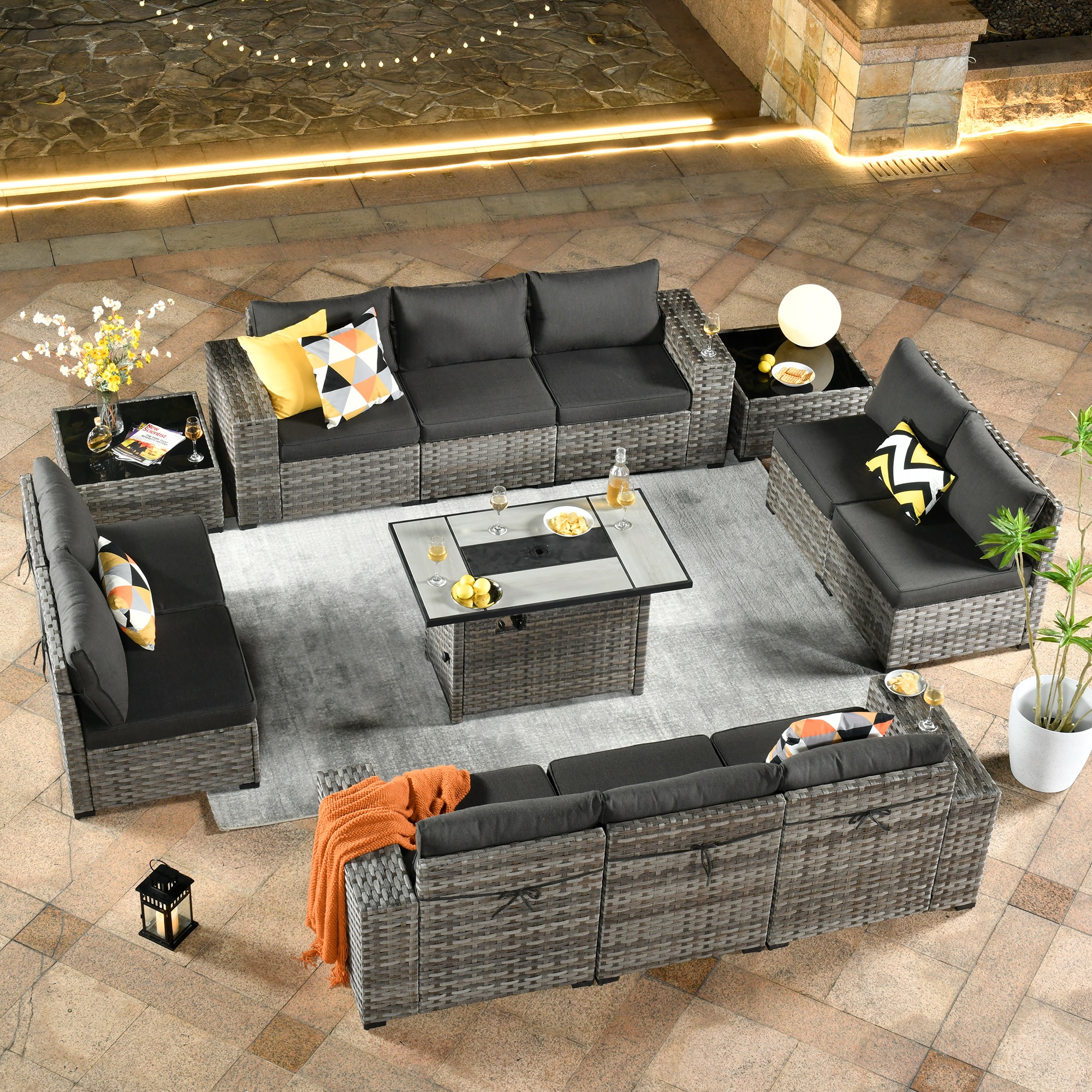 XIZZI XIBBR105-12FP Caerus 13 -Piece Rattan 2 Patio Sofa Conversation Set with Black Cushions