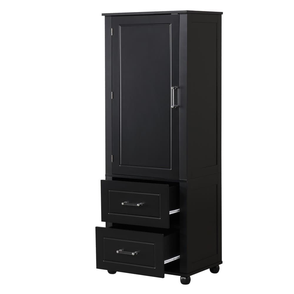 LuckByte 23.00 in. W x 15.90 in. D x 61.40 in. H Black MDF Tall Bathroom Storage Cabinet Linen Cabinet with 2 Drawers