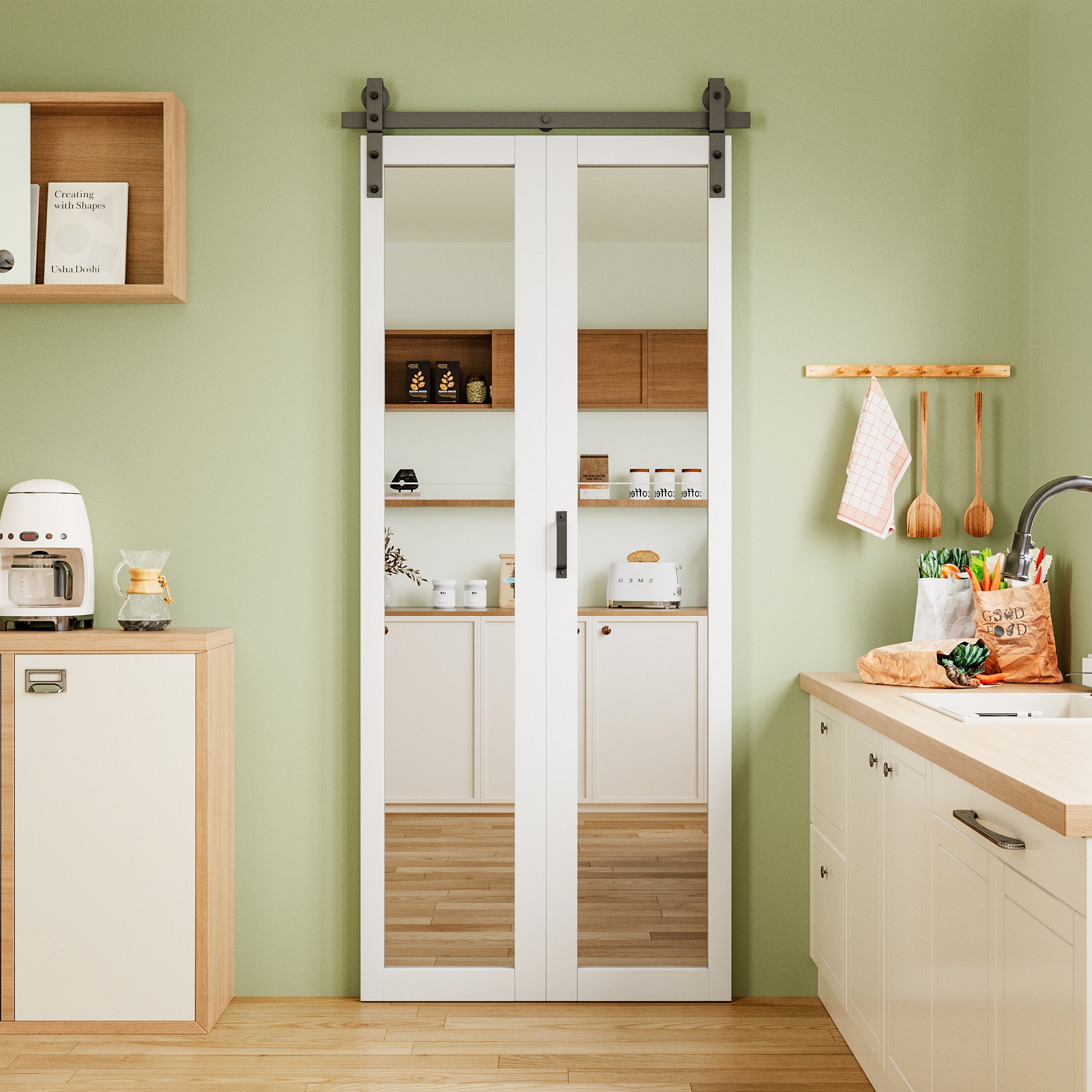 JUJUBON White Mirror/Panel Mirrored Glass MDF Solid Core Bifold Barn Door (Hardware Included)