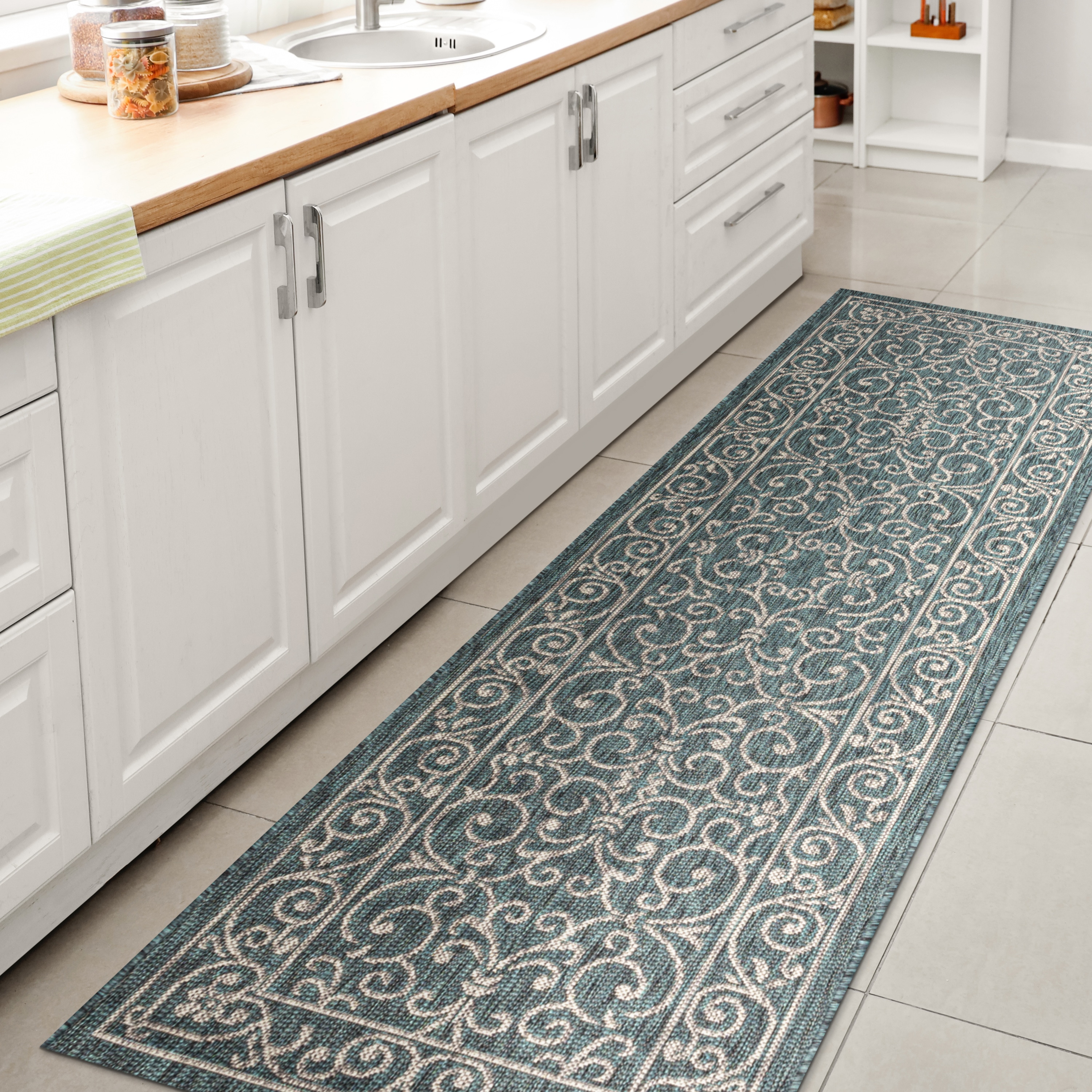 JONATHAN  Y SMB106F-210 Santa Monica Charleston Filigree Textured Weave 2 x 10 (ft) Loomed Polypropylene Teal/Gray Rectangular Indoor/Outdoor Border French Country Runner rug