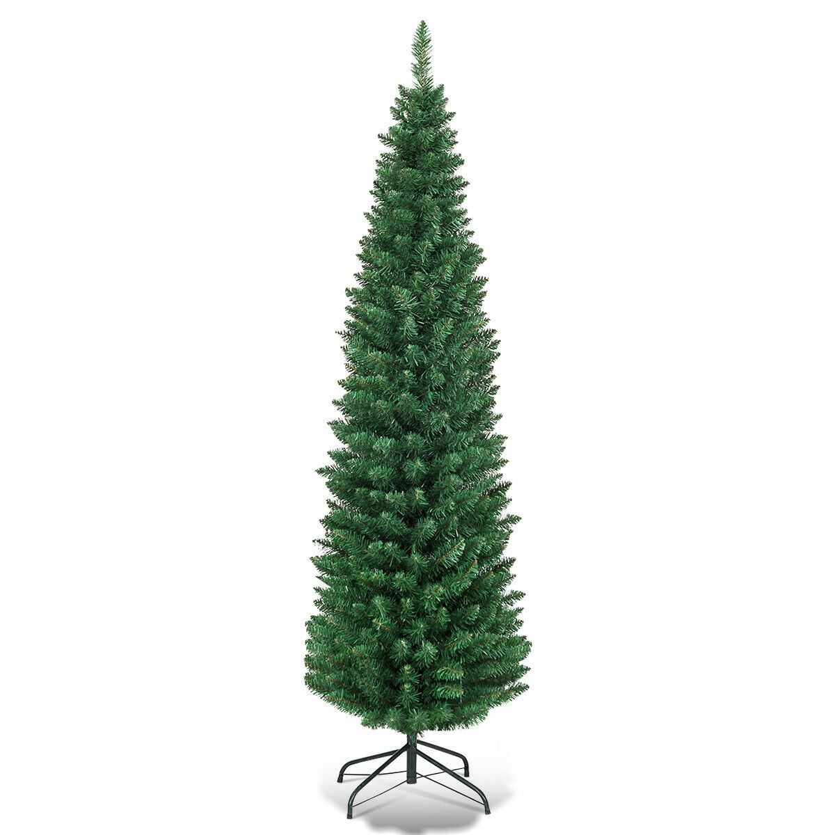 Slickblue 5/6/7/8/9 FT Slim Pencil Green Artificial Christmas Tree with PVC Branches and Metal Stand for Narrow Indoor Spaces Home or Office Decor