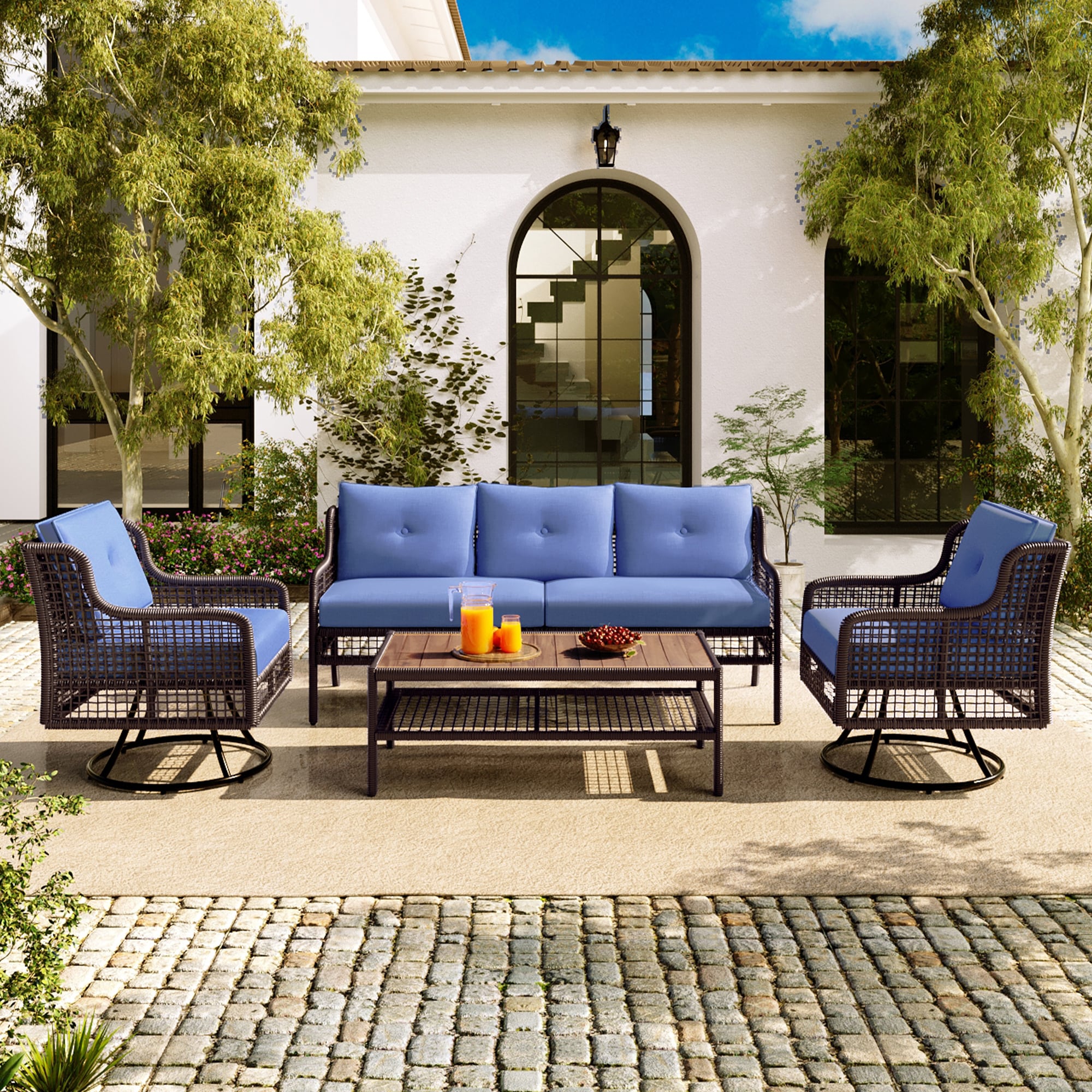 AAZJ JDG-238AAA Potio Conversation Sets 4 -Piece Rattan Patio Sofa Conversation Set with Blue Cushions