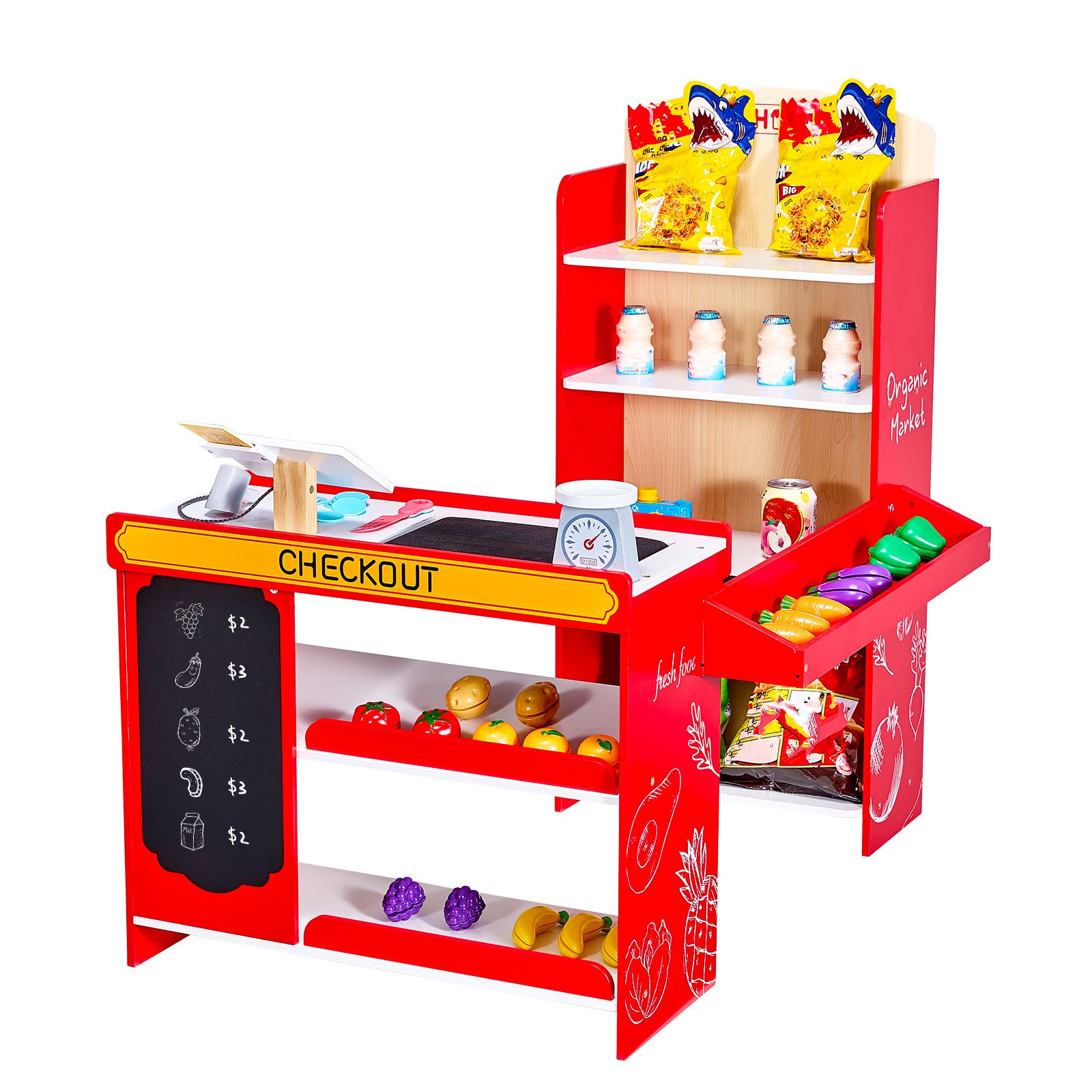 Slickblue - 32 in Kids Grocery Store Playset with Conveyor Belt Cash Register and 35 Pieces Acces...