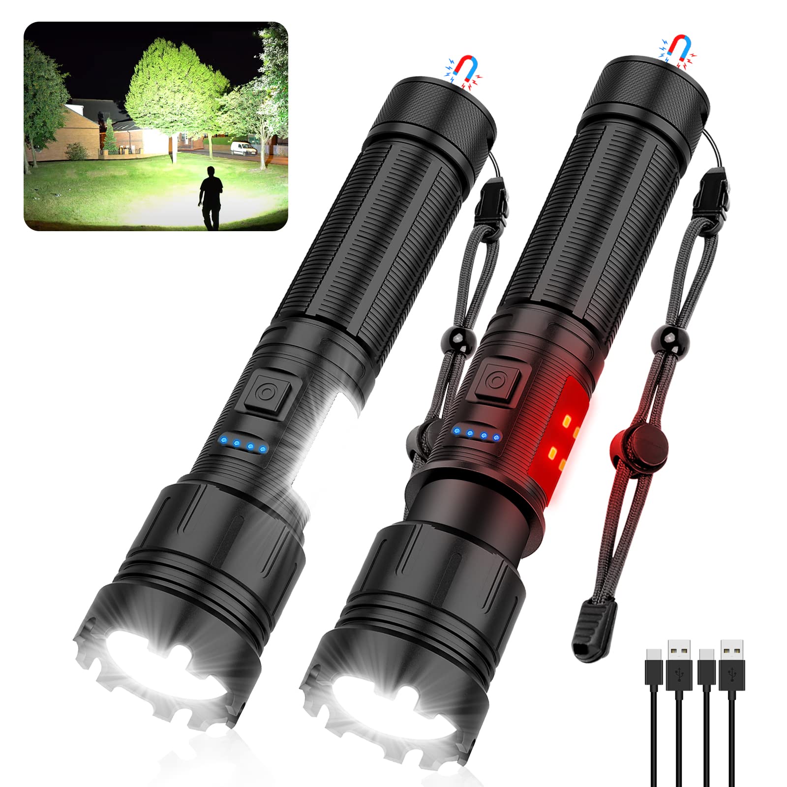 Ahfiwaso  Magnetic Flashlight renewable power High Lumens Super Bright LED Pocket Flash Light with COB Sidelight Type-C 7 Modes Zoomable IPX6